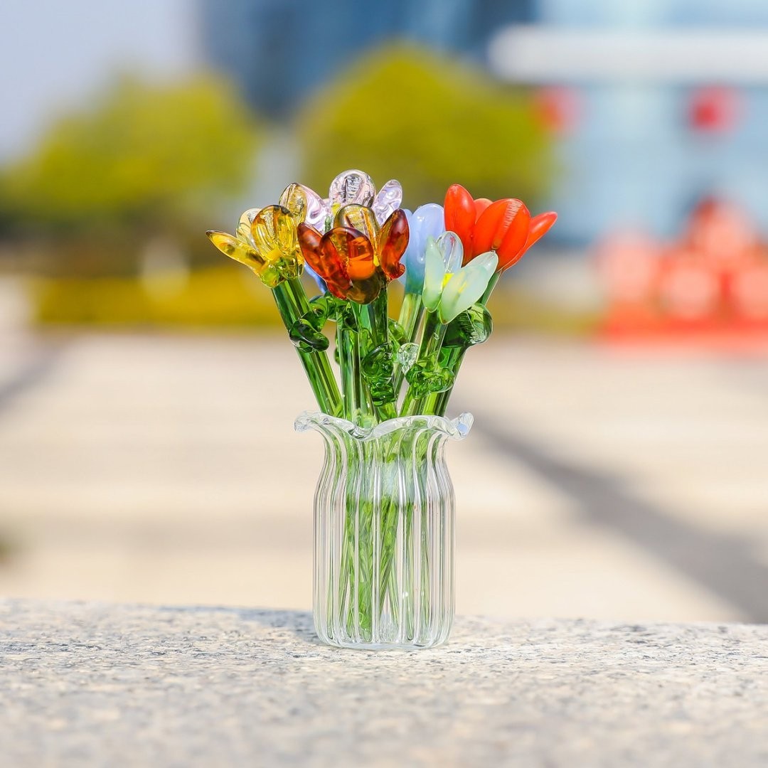Miniature Glass Seven Flowers Figurine Collectible With Vase For Birthday