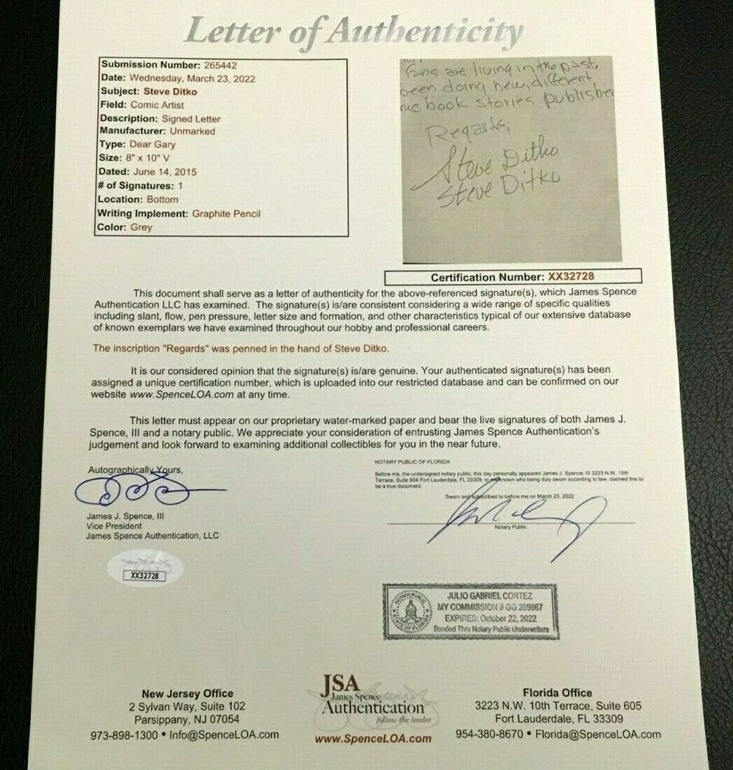 STEVE DITKO SIGNED FULL PAGE LETTER JSA COA LOA RARE MARVEL COMICS SPIDER-MAN