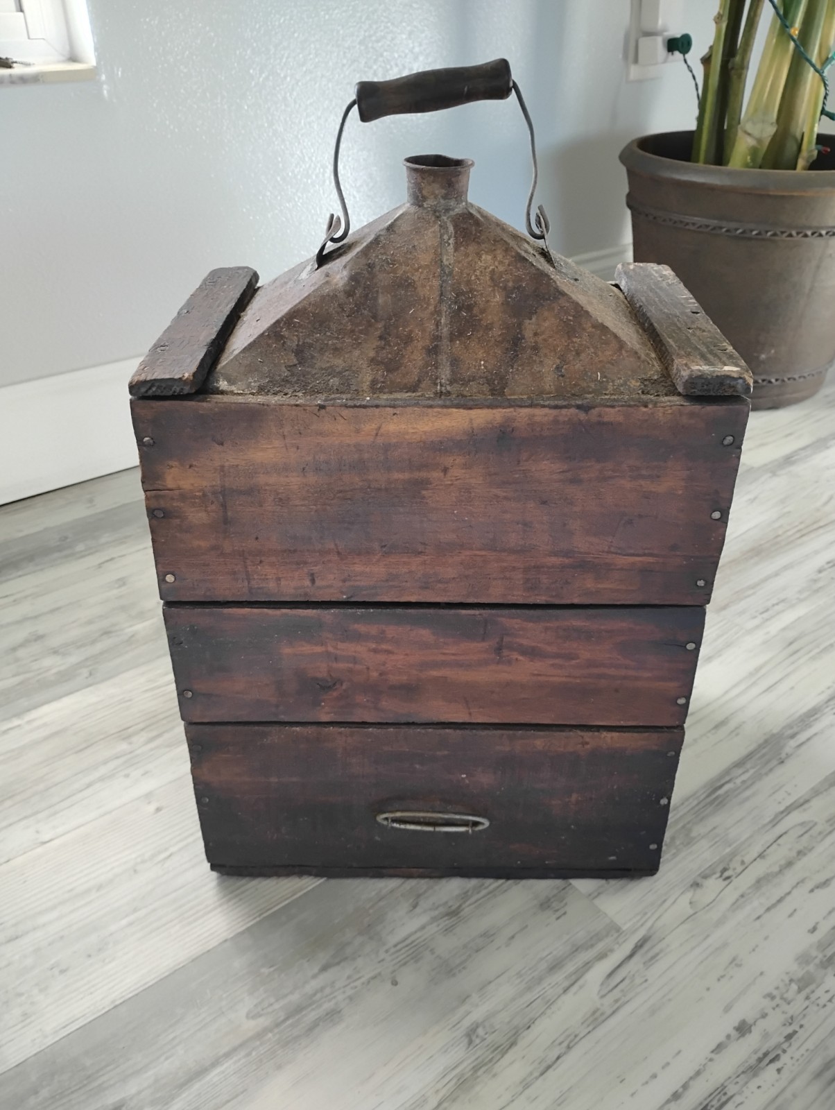 Antique Fuel Gas Kerosene Wood And Metal Container Can 18 1/2 Inches Tall