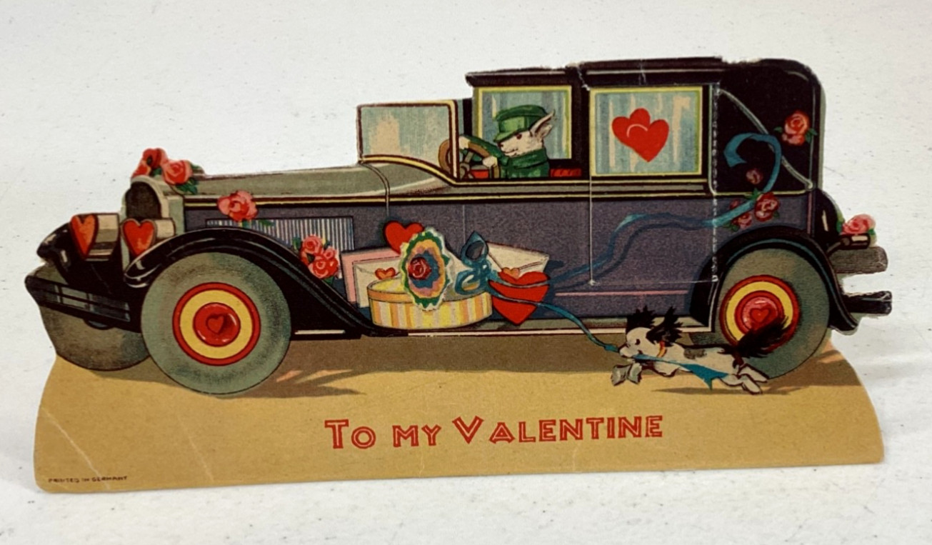 Vintage Valentine’s Day Card Rabbit Chauffeur Fancy Car Dog Stand-Up Germany