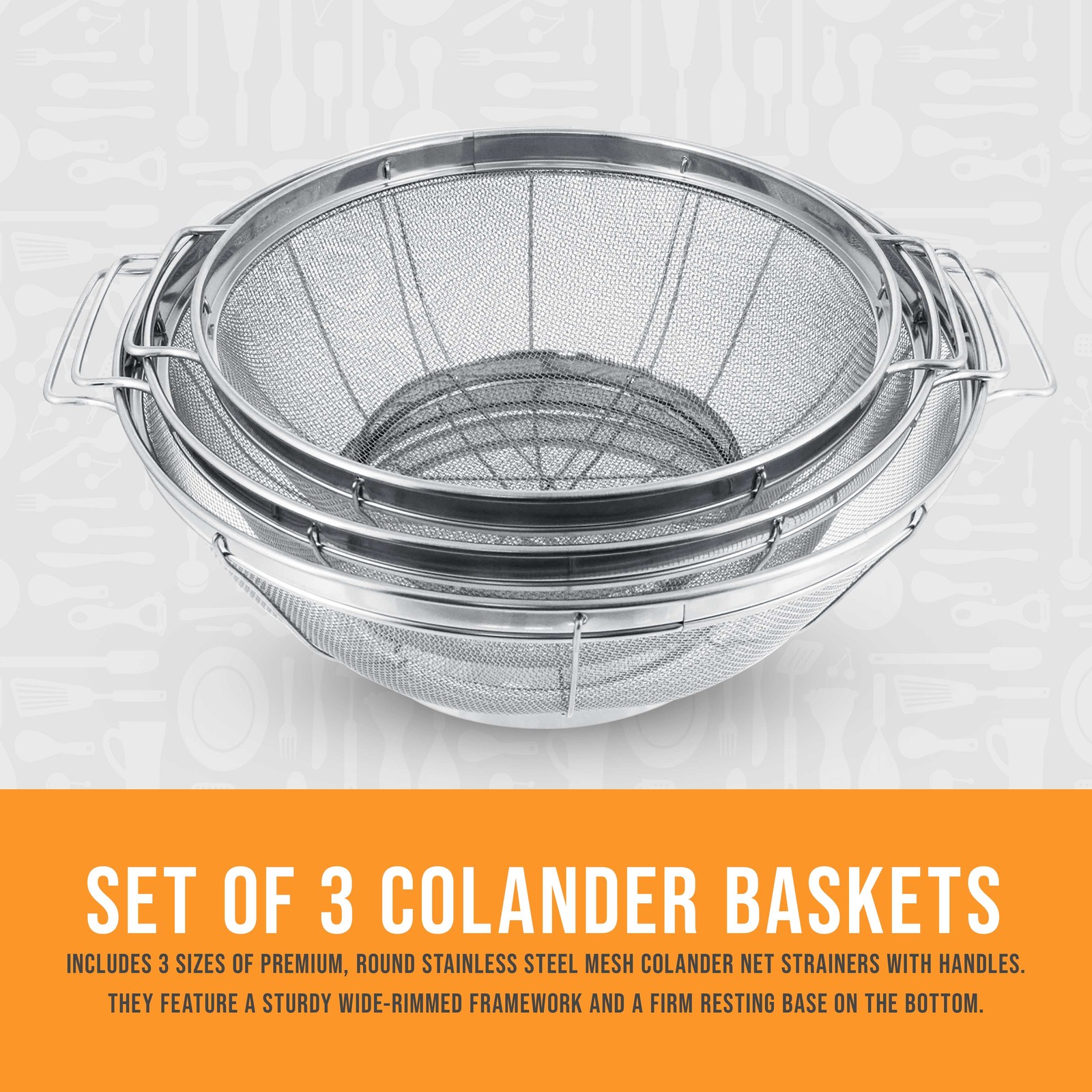 U.S. Kitchen 3pc Colander Set, Stainless Steel Mesh Strainer Net Baskets 3 4 5qt