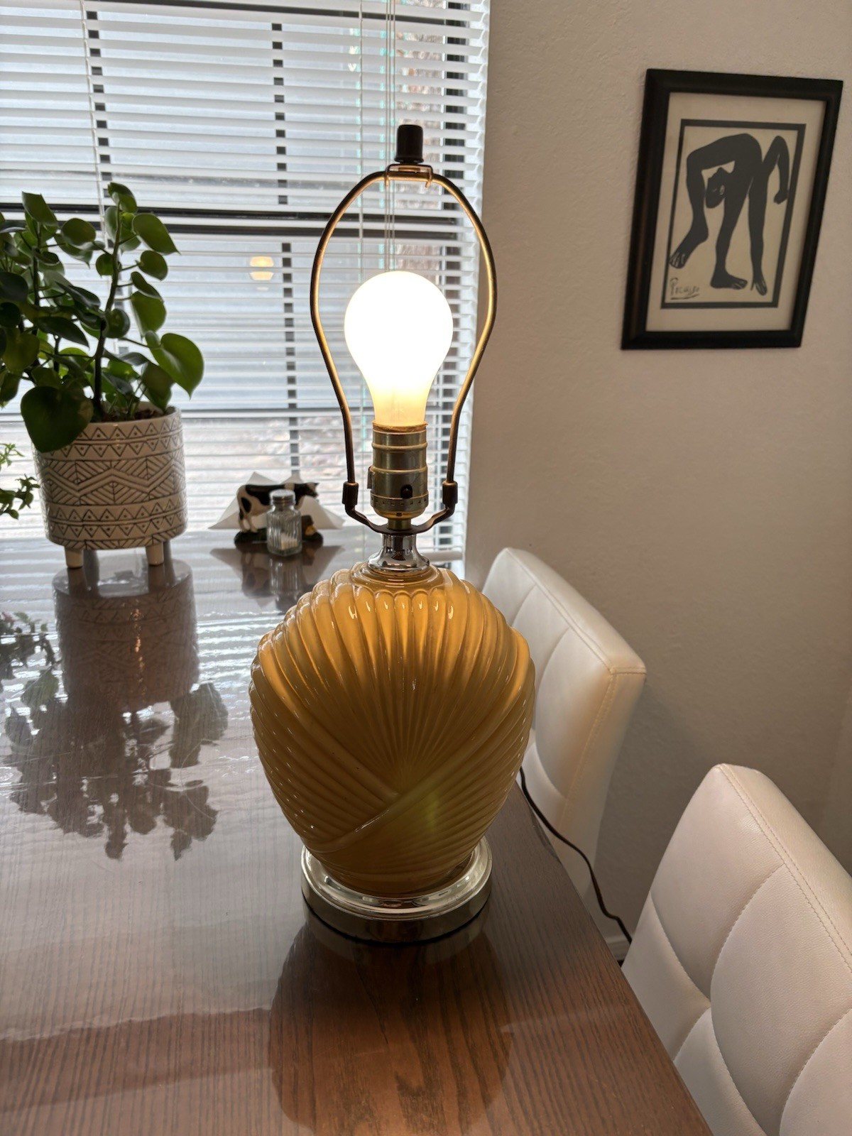 Vintage Art Deco Revival Post Modern Coral Glass Cased Table Lamp 1980s
