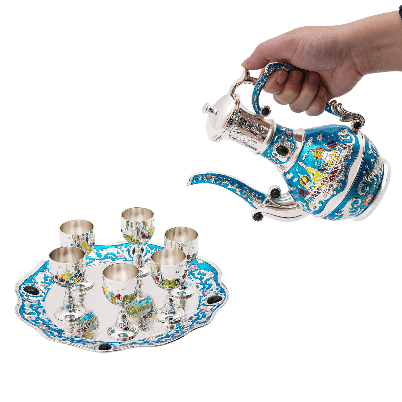 Antique Zinc Alloy Tea Set 800ml Teapot 6 × 50ml Cups Castle Pattern