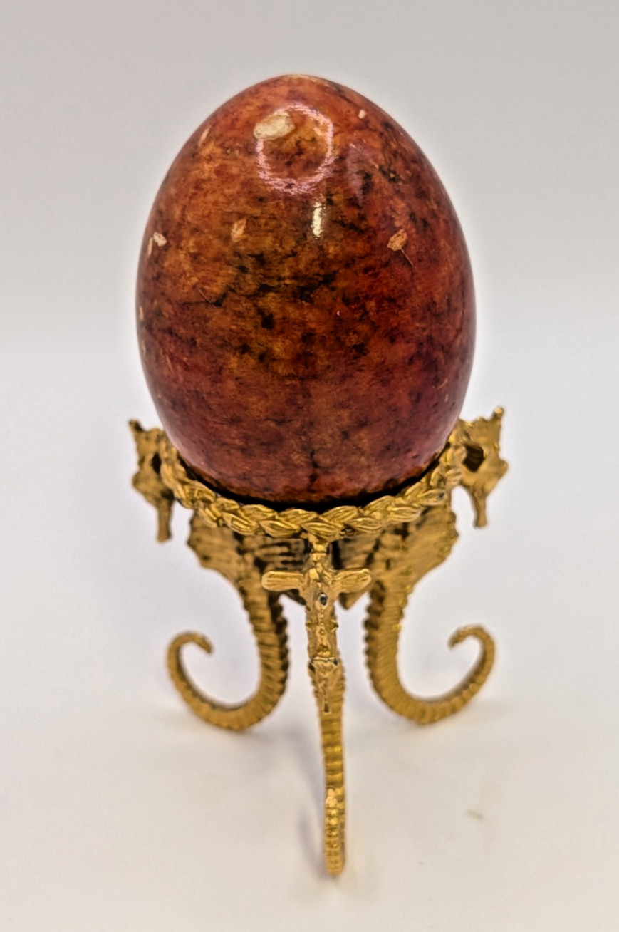 Decorative Red Gemstone Egg Polished with Gold Metal Seahorse Stand 4.5 in tall