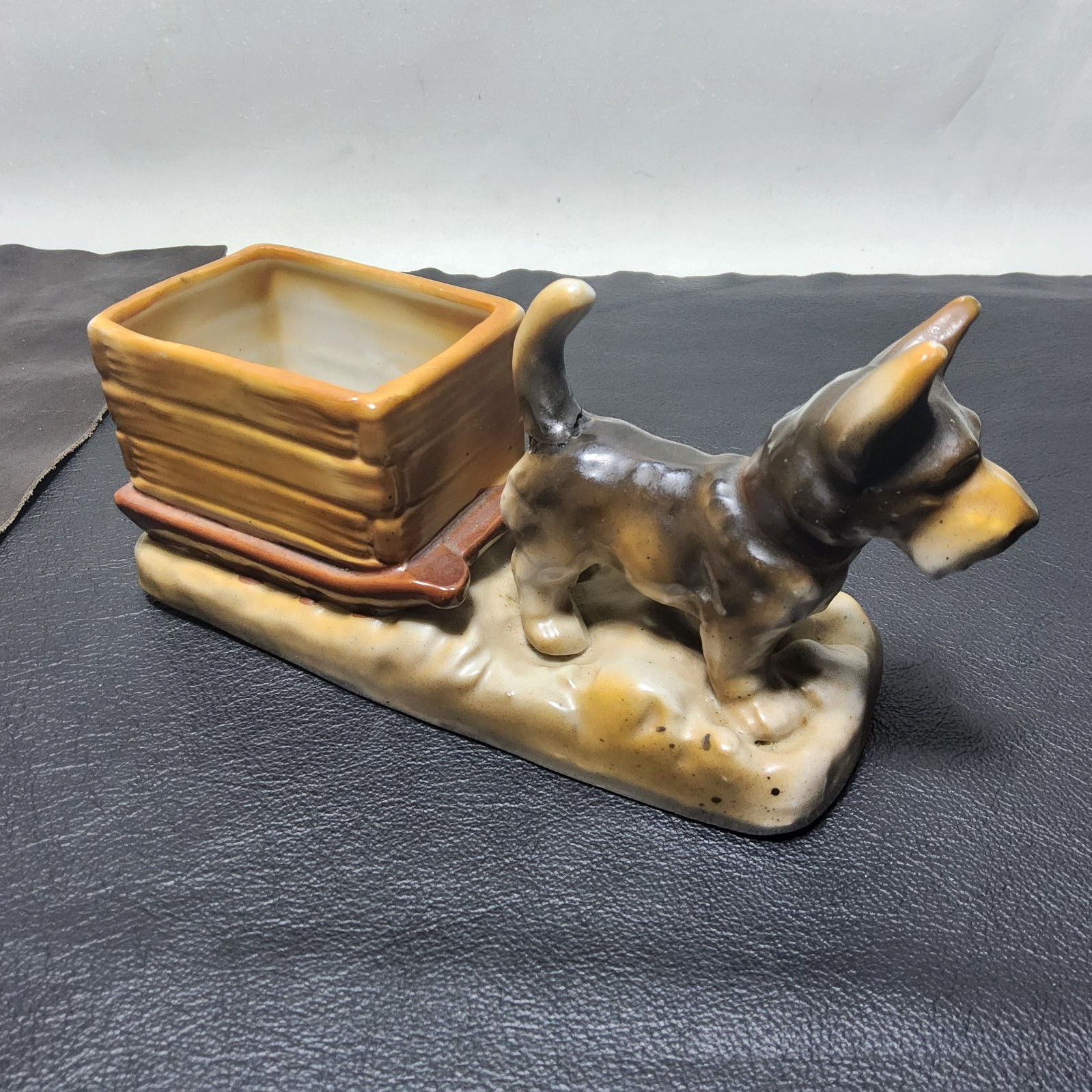 Vtg repaired scottish terrier pulling sled basket ceramic dog planter japan 60s