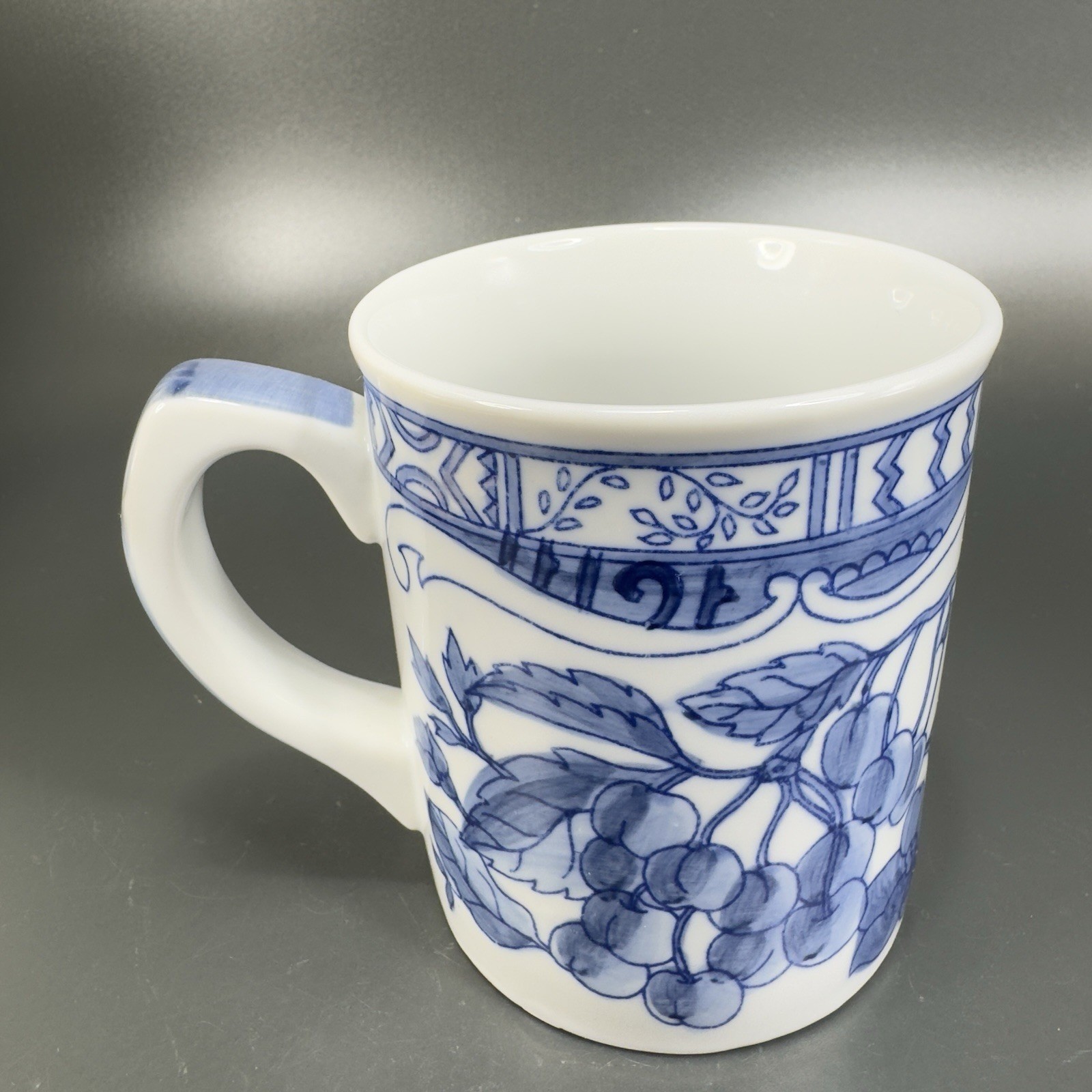 1995 Jardin Blue Cardinal Ceramic Coffee Mug Cup Set 2 Blue White Fruit Cherry