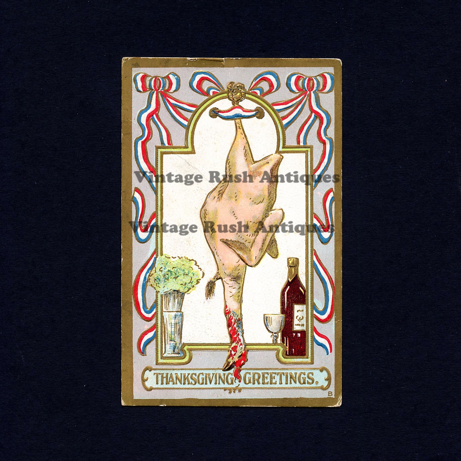 Antique Thanksgiving Greetings 1909 Patriotic Postcard Turkey Red White Blue