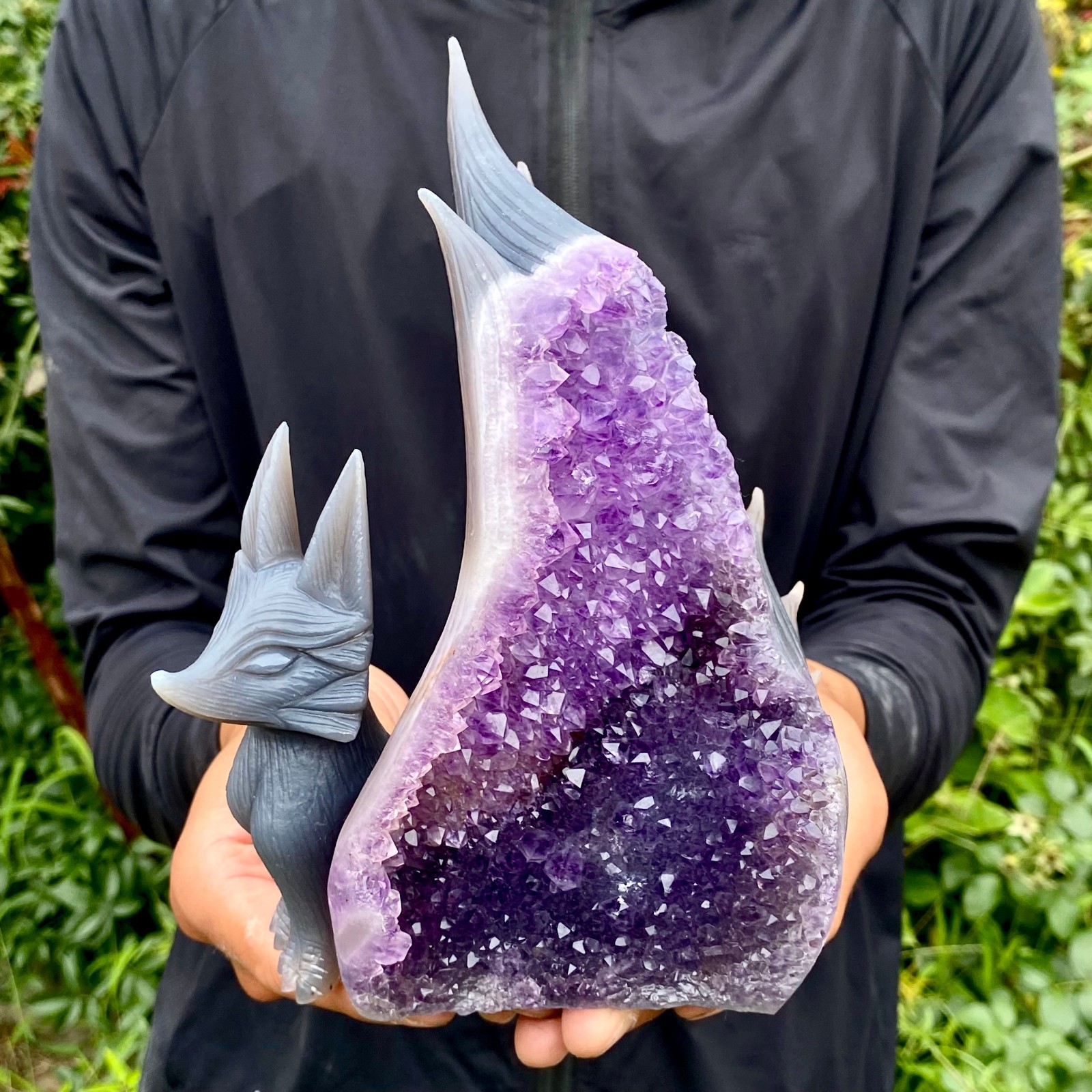 2.5LB Natural Amethyst Geode Hand Carved Nine-tailed Fox Quartz Crystal Decor