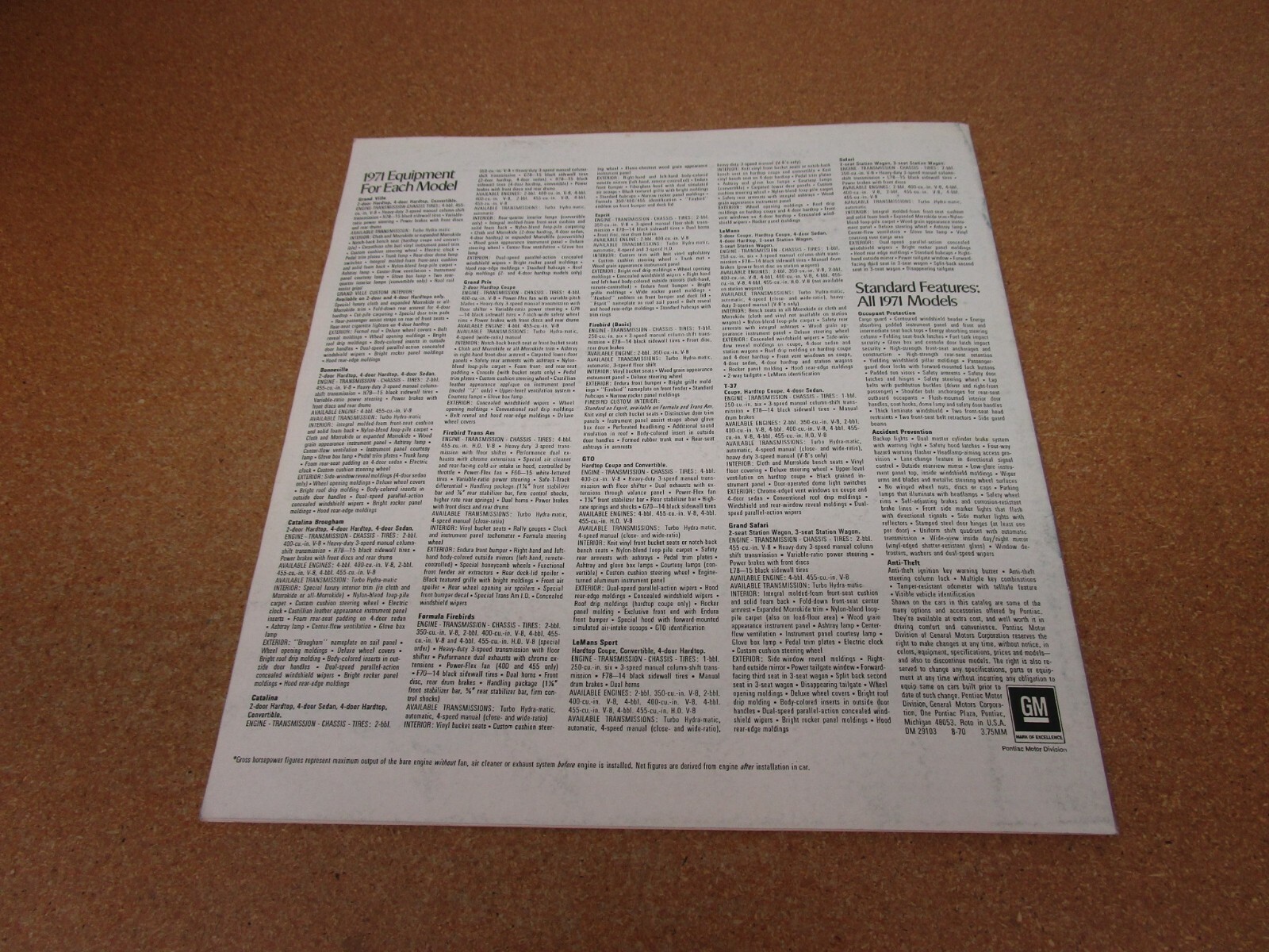 1971 Pontiac Full Line Grand Prix Firebird GTO Lemans sales brochure literature