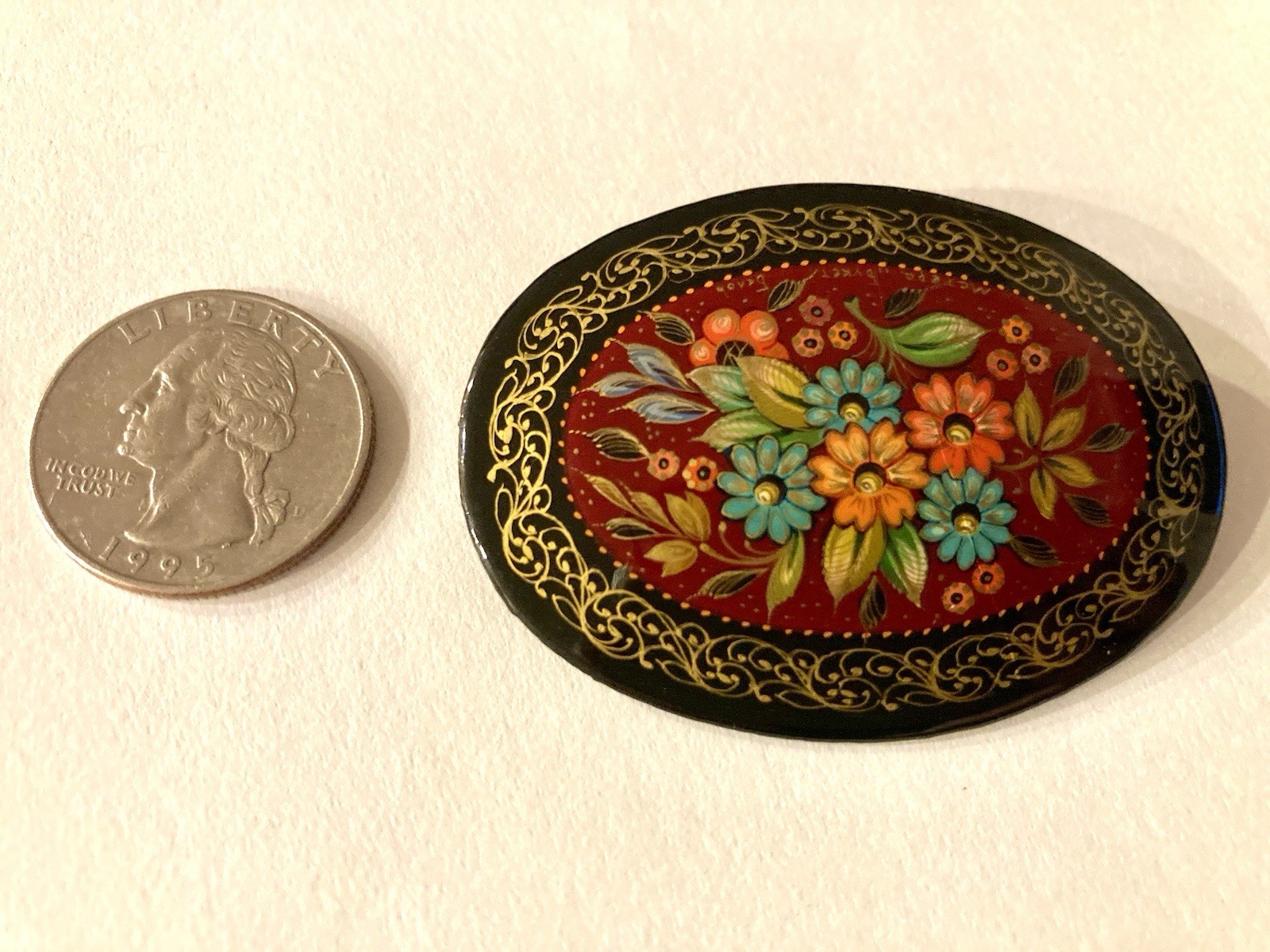 Vintage Oval Painted Button Black ,Red Floral Pattern Gold Trim One Large Button
