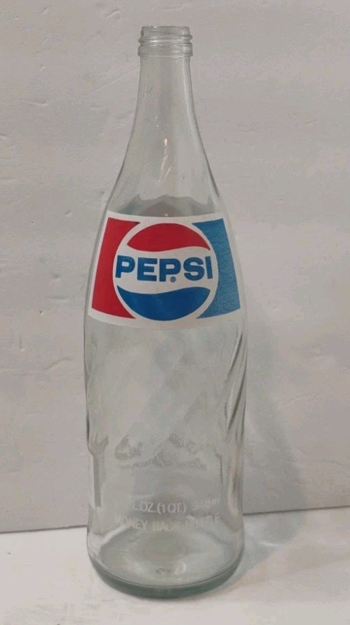 Vintage 1977 Pepsi 32oz Clear Glass Soda Bottle Advertising Money Back 1 Quart