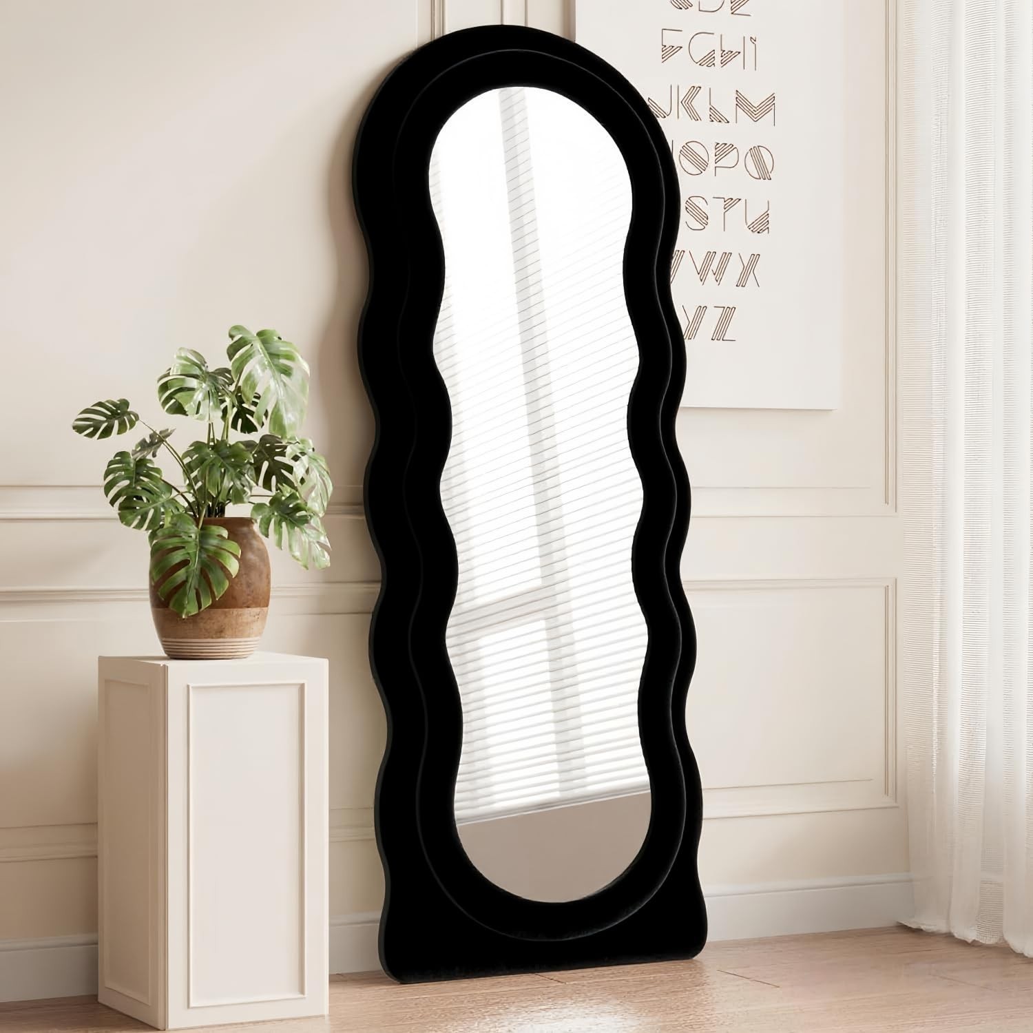 Dewfig Wavy Full Length Mirror with Stand, 63″ x 24″ Irregular Floor Mirror, …