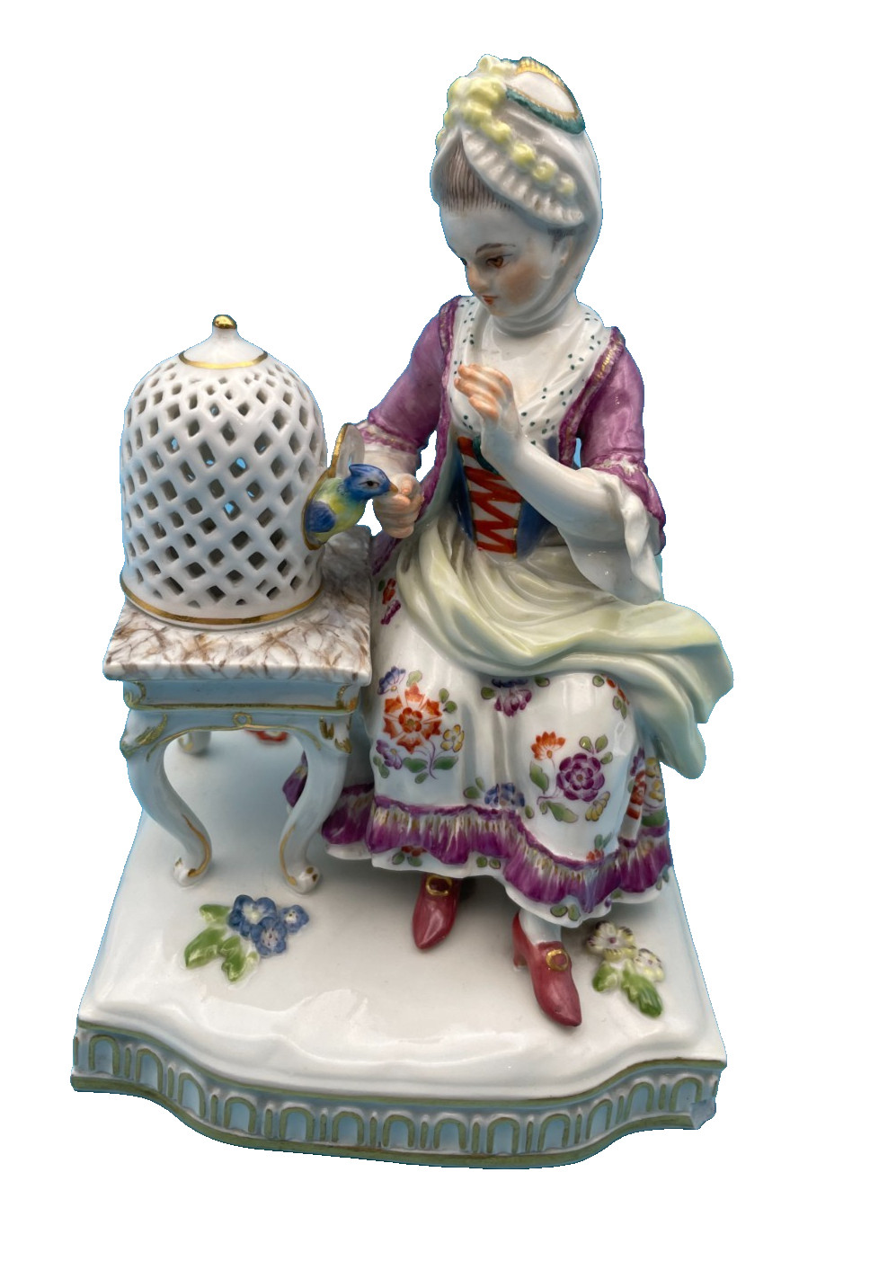 Beautiful Meissen Germany Cross Swords 5 Senses – Feel – Woman Feeling a Bird