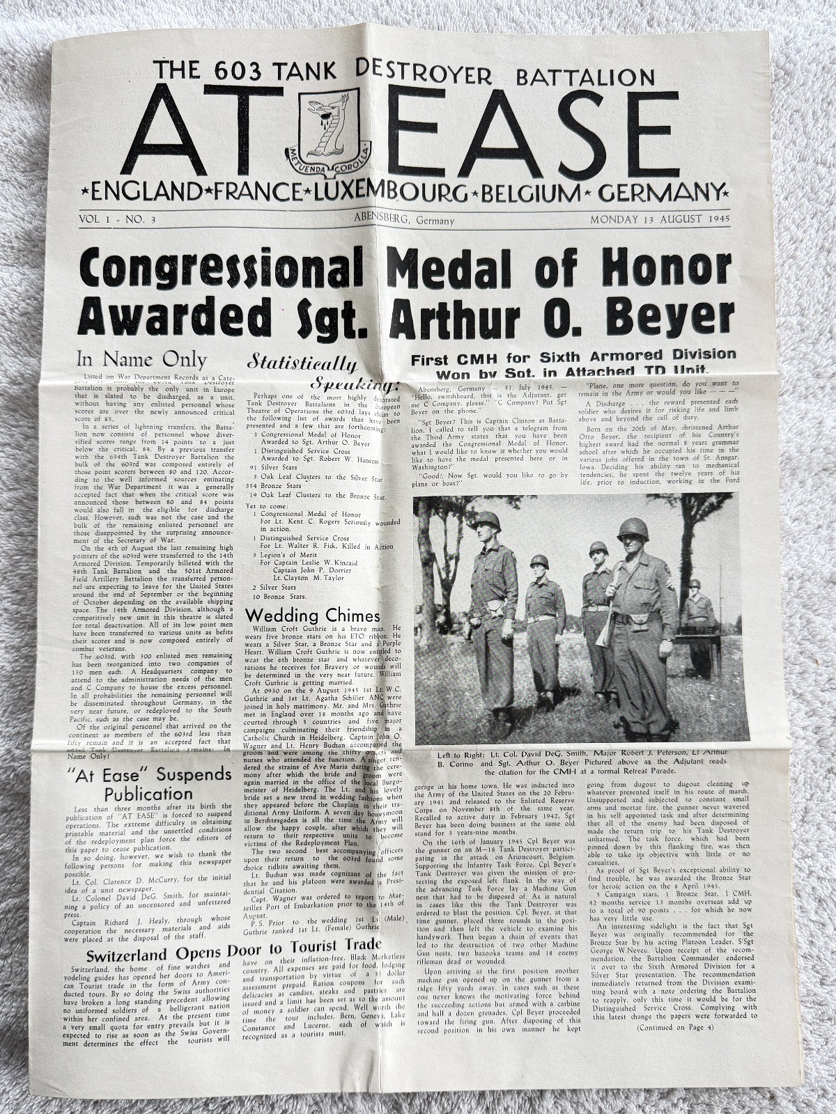 603rd Tank Battalion Unit Newspaper Dated 13 August 1945, WWII Unit History Book