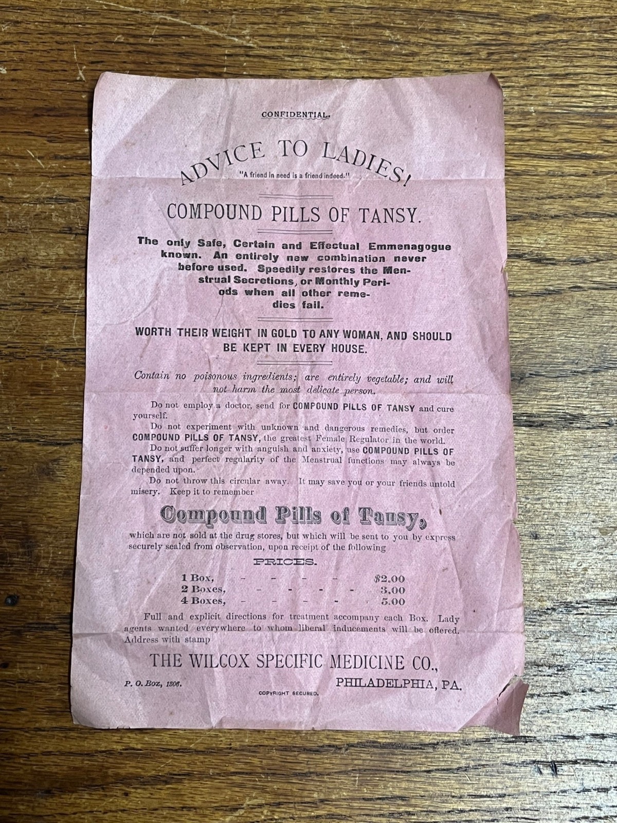 Vintage Wilcox Specific Medicine Co. Advice for Ladies! Compound Pills of Tansy