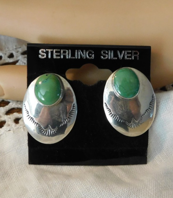 Green Gaspeite Sterling Silver Oval Clip on Earrings Native American