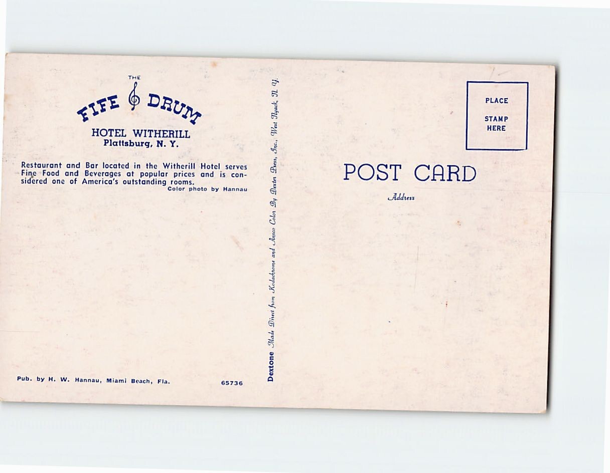 Postcard The Fife Drum Restaurant and Bar Hotel Witherill Plattsburg New York