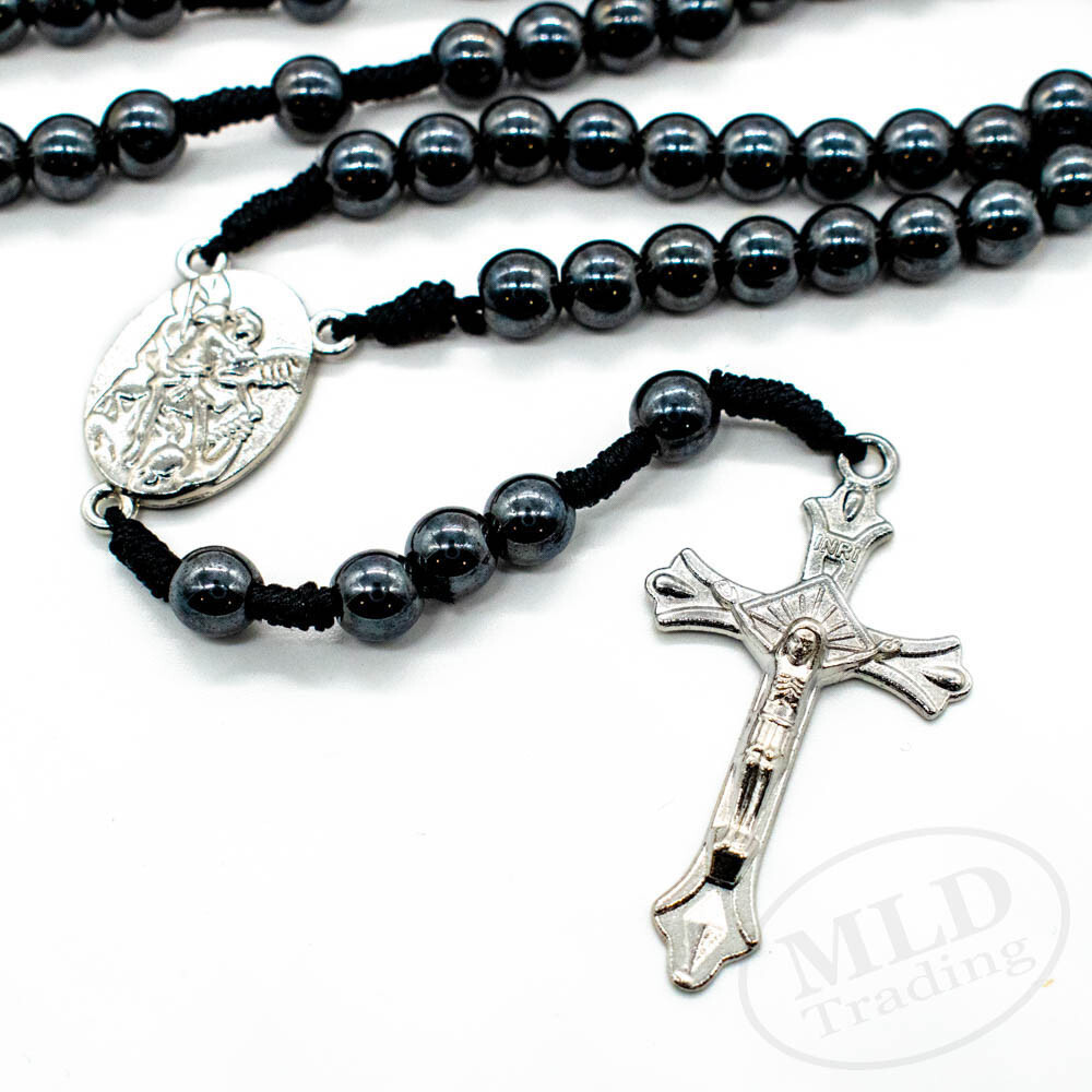 Saint St Michael Medal 12″ Cord Rosary Black Hematite Beads Rosario San Miguel