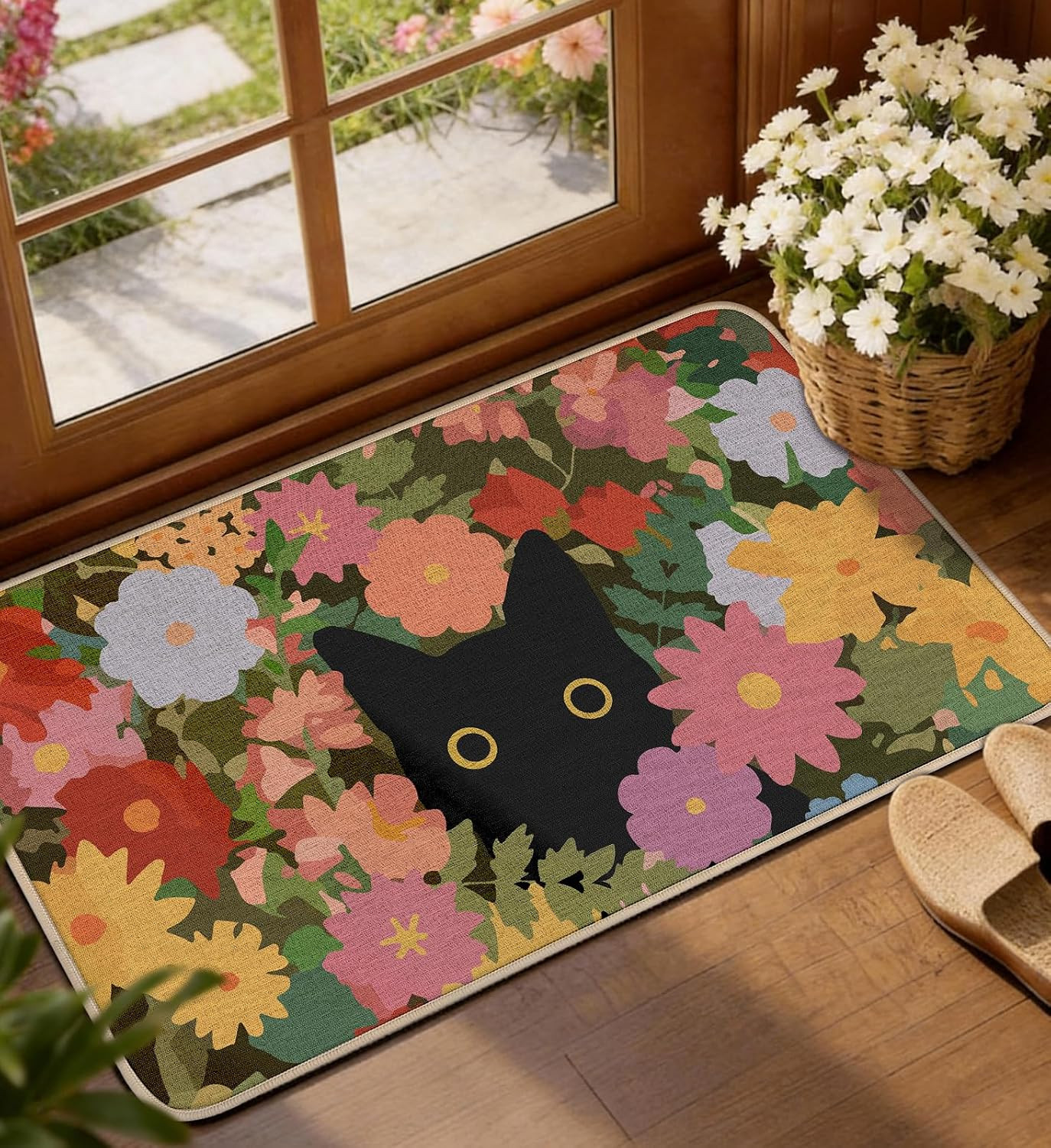 Black Cat with Flower Summer Door Mat – Home Décor Seasonal Black