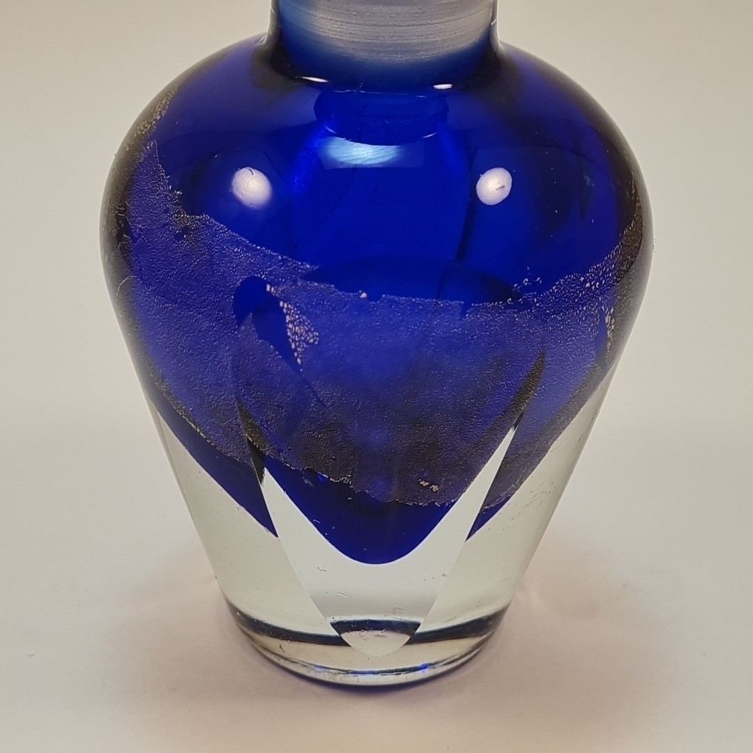 Cobalt blue perfume bottle decanter with gold shimmer & orb stopper 4.25in