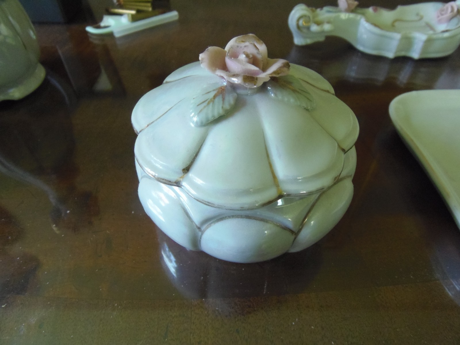 Vintage Porcelain Bone China Dresser Tray Set, Japan, White w/Pink Roses