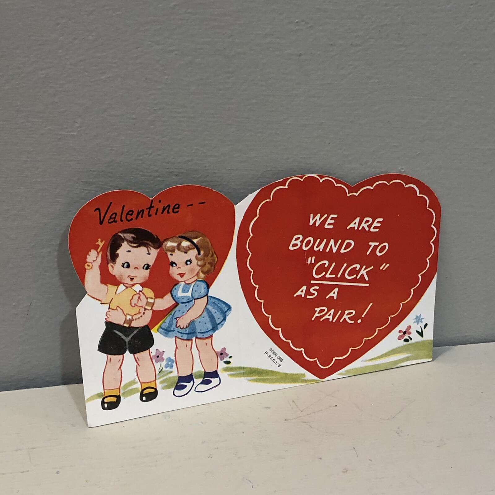 Vtg Valentine Card A Meri Card Cut Boy Pretty Little Girl Hand Cuffs Unused