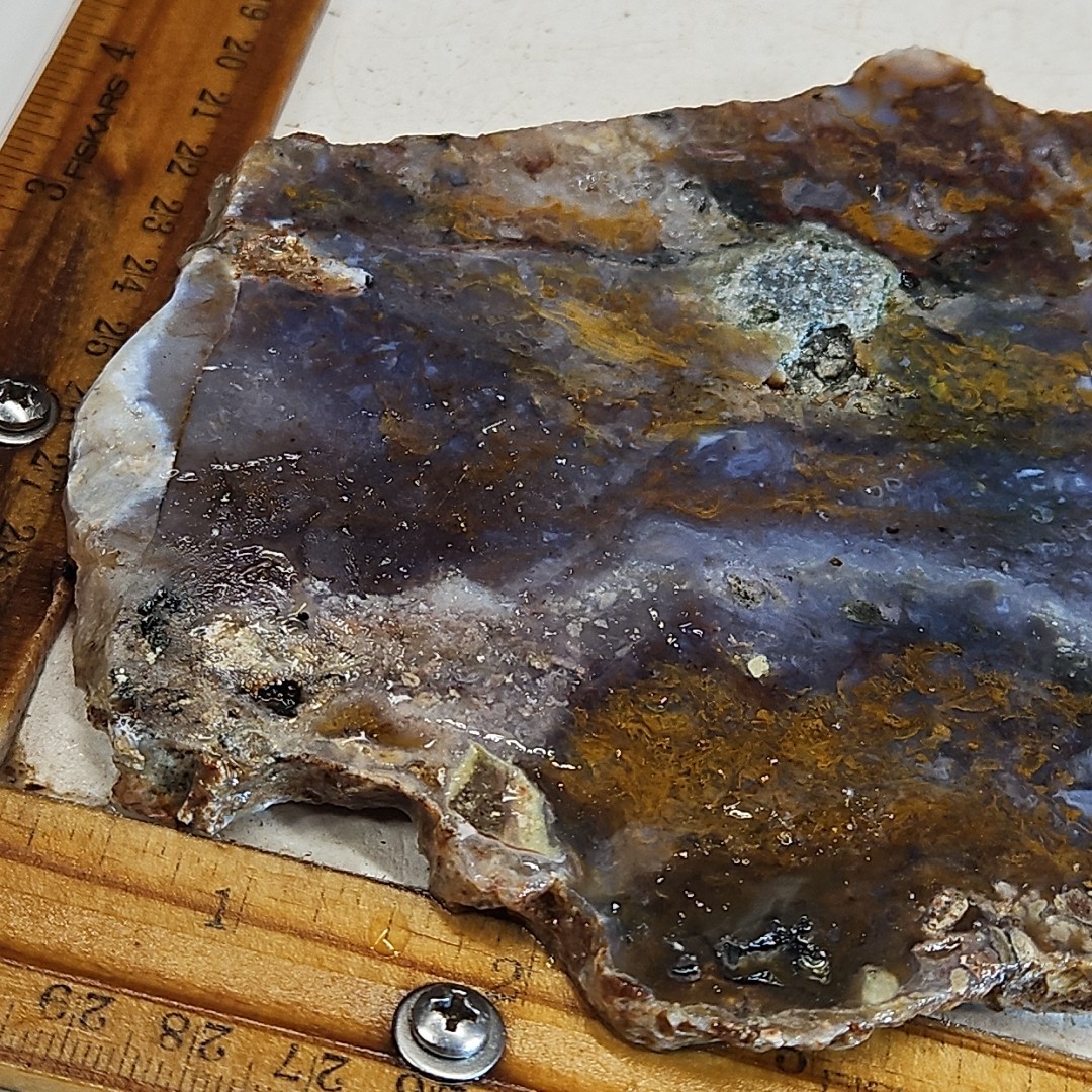 Royal blue agate slab, MX Blue agate golden moss, 7″ x 5″ x 1/4″ 12.0OZ