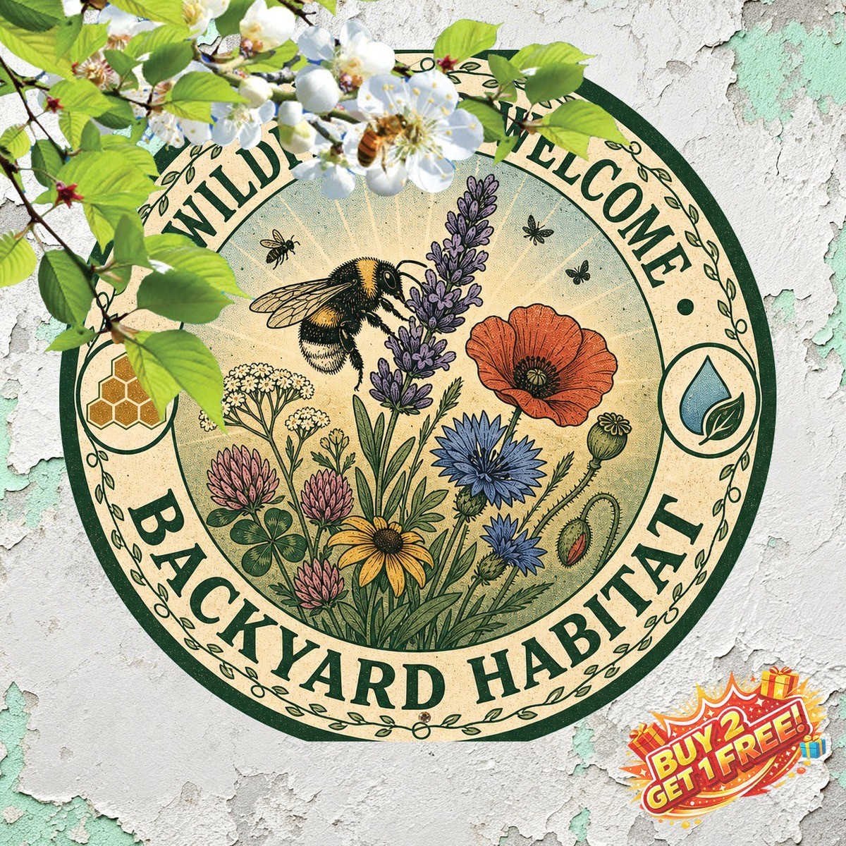 Bee Floral Pollinator Garden Metal Sign Vintage Honeybee Nature Decor 8×8