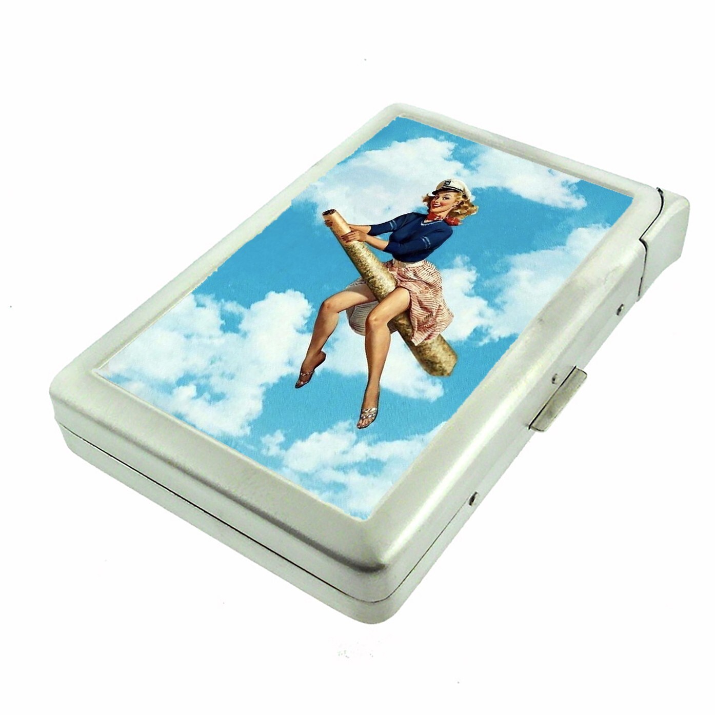 Vintage Smoking Woman C7 Cigarette Case w/Built in Lighter Metal Wallet