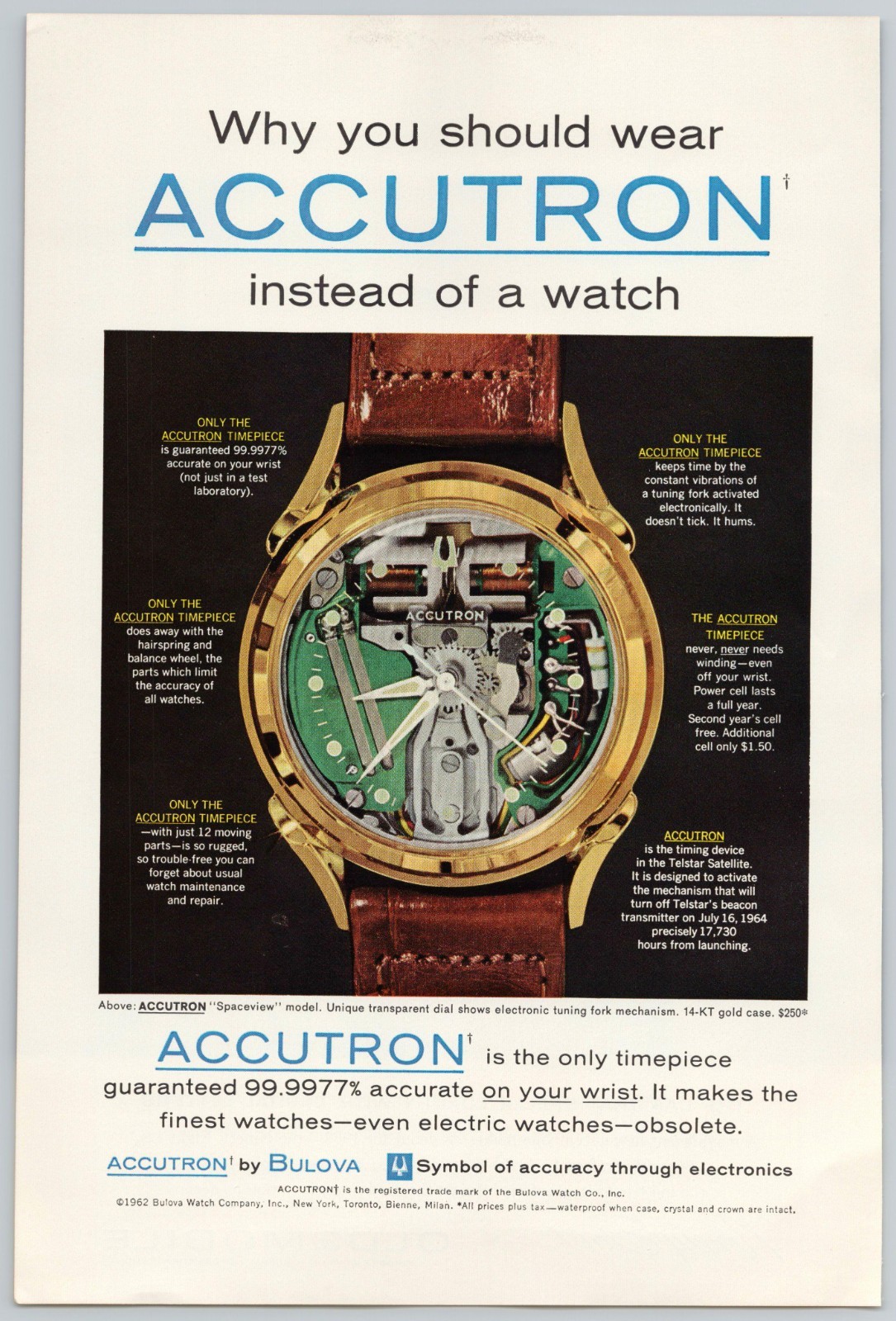 1962 Accutron Bulova Watch Vintage Print Ad: Spaceview Model – 99% Accurate