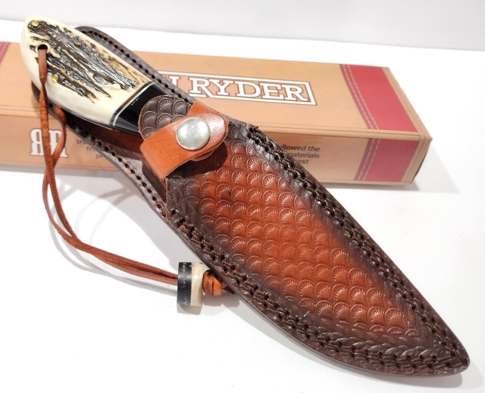 Rough Ryder Full Tang Stag Bone Handles Skinning Hunting Knife + Leather Sheath