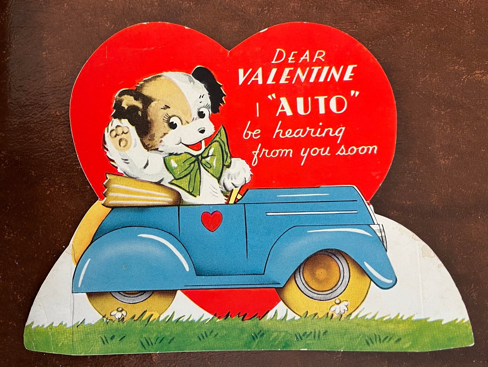 Vintage 40’s A-meri-card Valentine Card Colorful! Dog Driving Blue Car