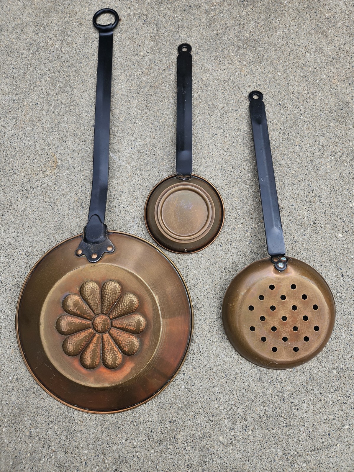 Vintage Copper Set with Black Handles, Kitchen Decor, Wall Hanging
