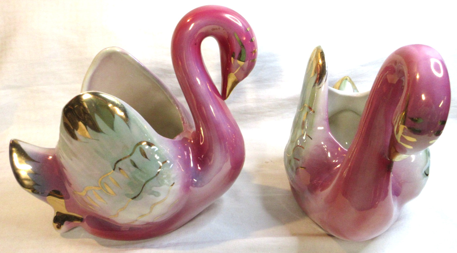 MID CENTURY MODERN~COLONIAL CHINA SWANTER PLANTER(S)~LUSTERWARE~GOLD ACCENTS