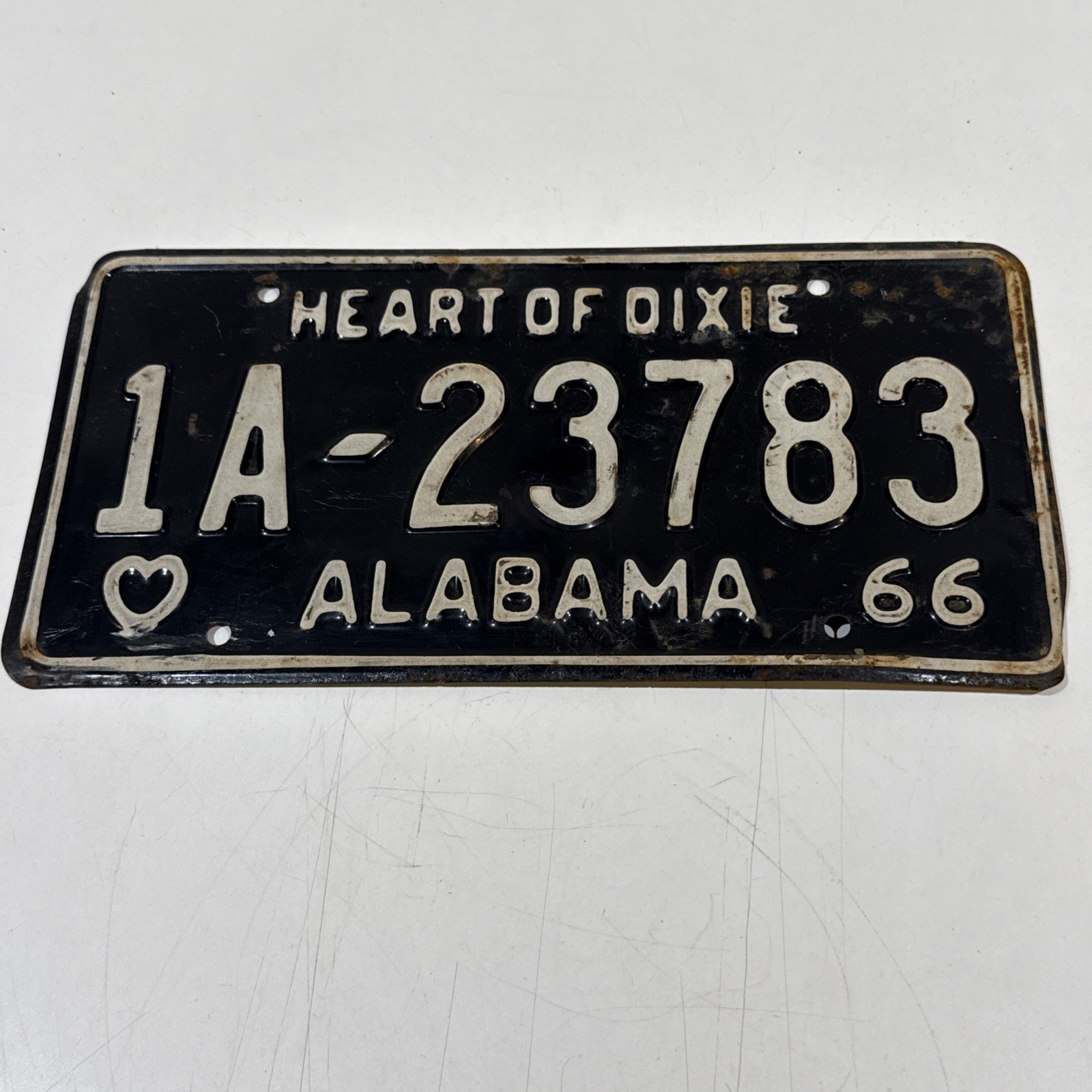 Vintage 1966 Alabama Heart of Dixie License Plate Tag Black & White Original