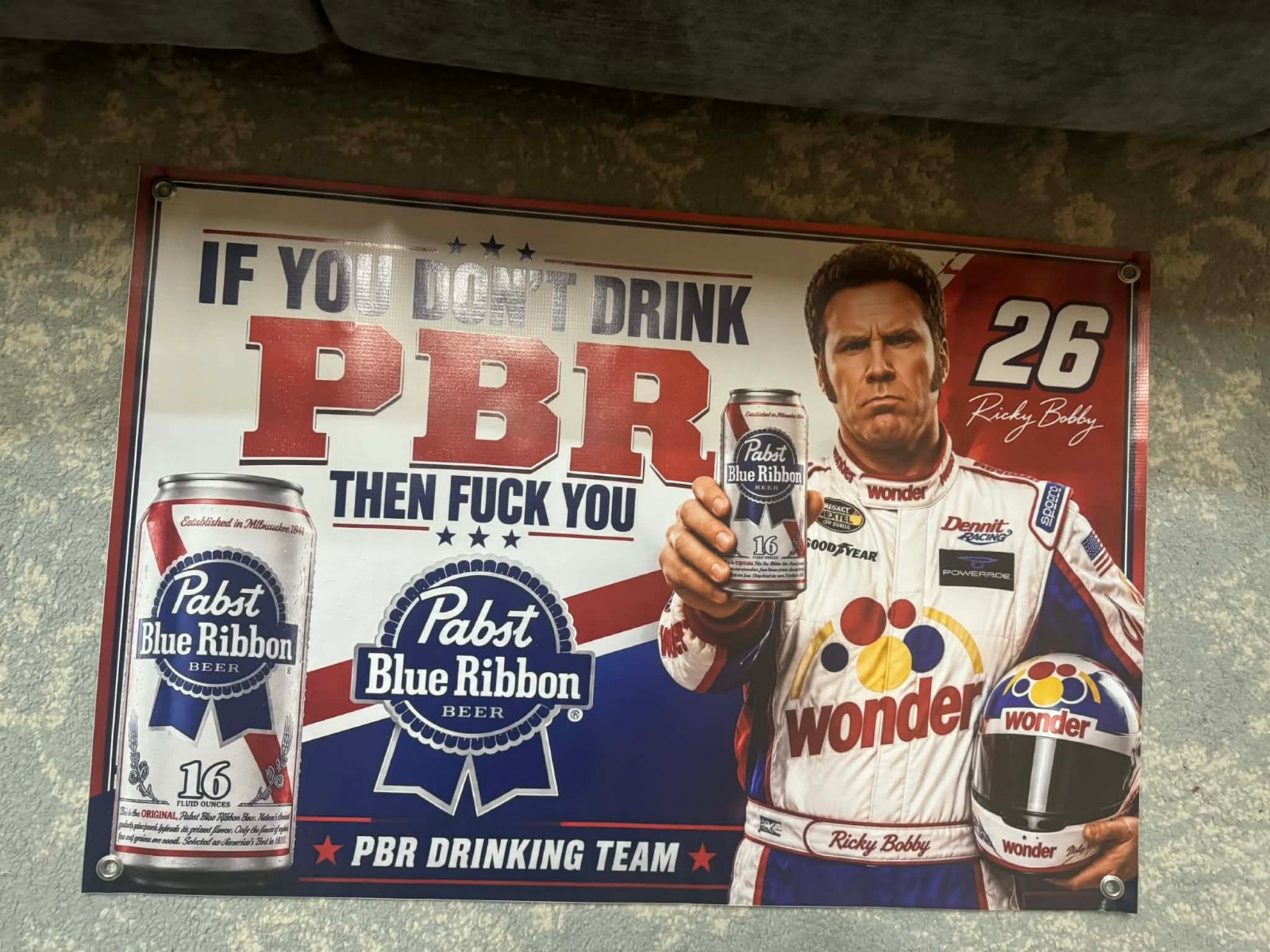 PBR Ricky Bobby Banner 36×24 Funny Pabst Blue Ribbon Beer Sign Talladega Nights