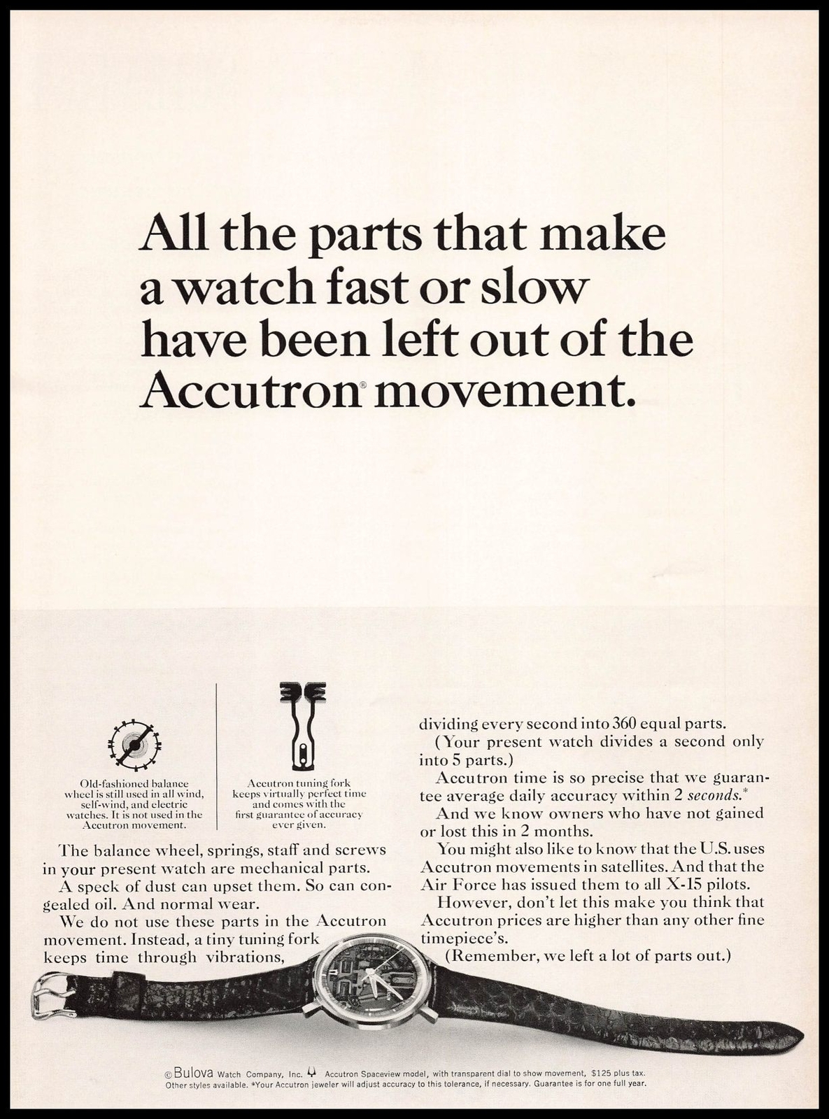 1964 Accutron Bulova Watch „All The Parts Have Been Left Out“ Vintage Print Ad