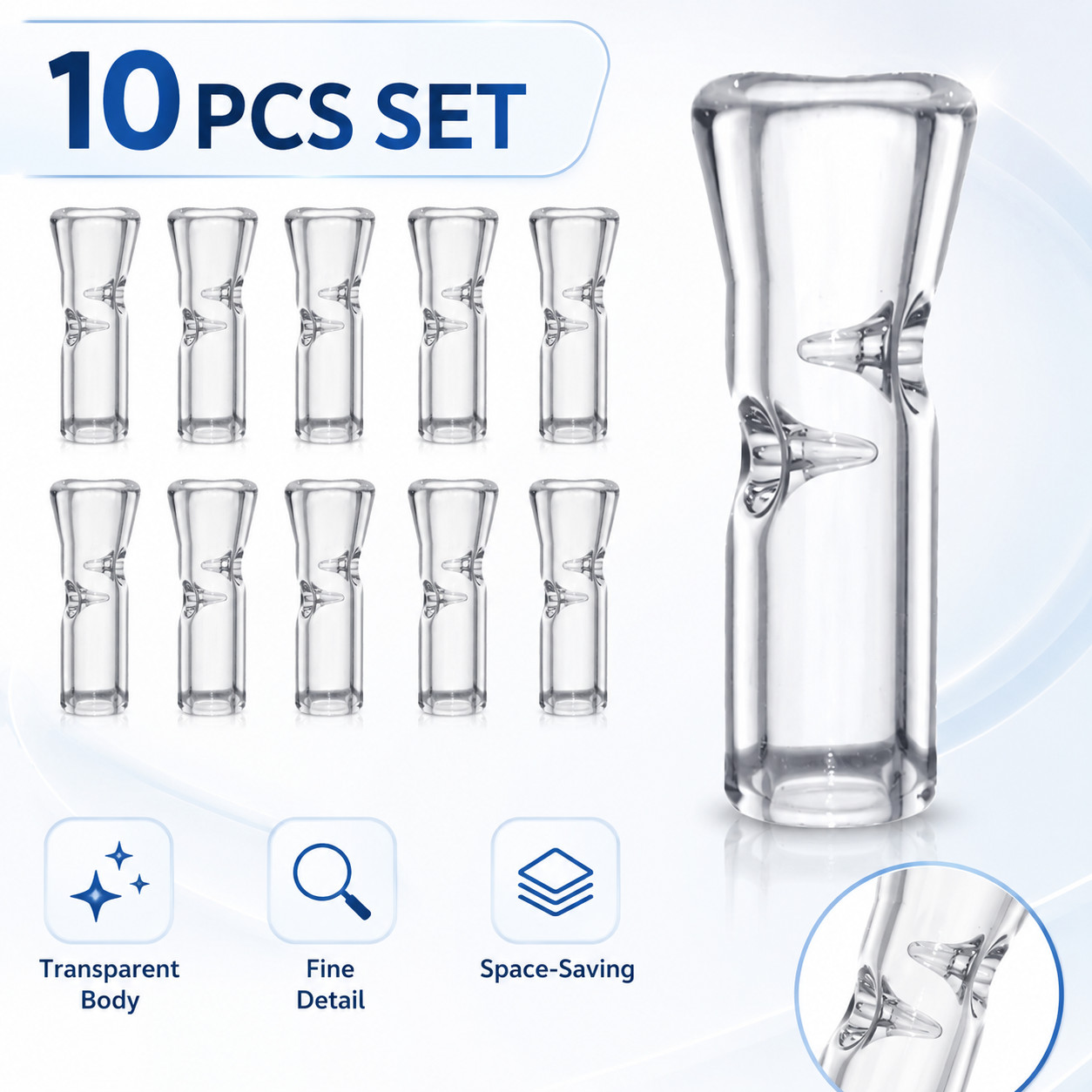 Medium Size Glass Filter Tips for Cigarettes 10PCS Clear Reusable Ø9mm 35mm Set