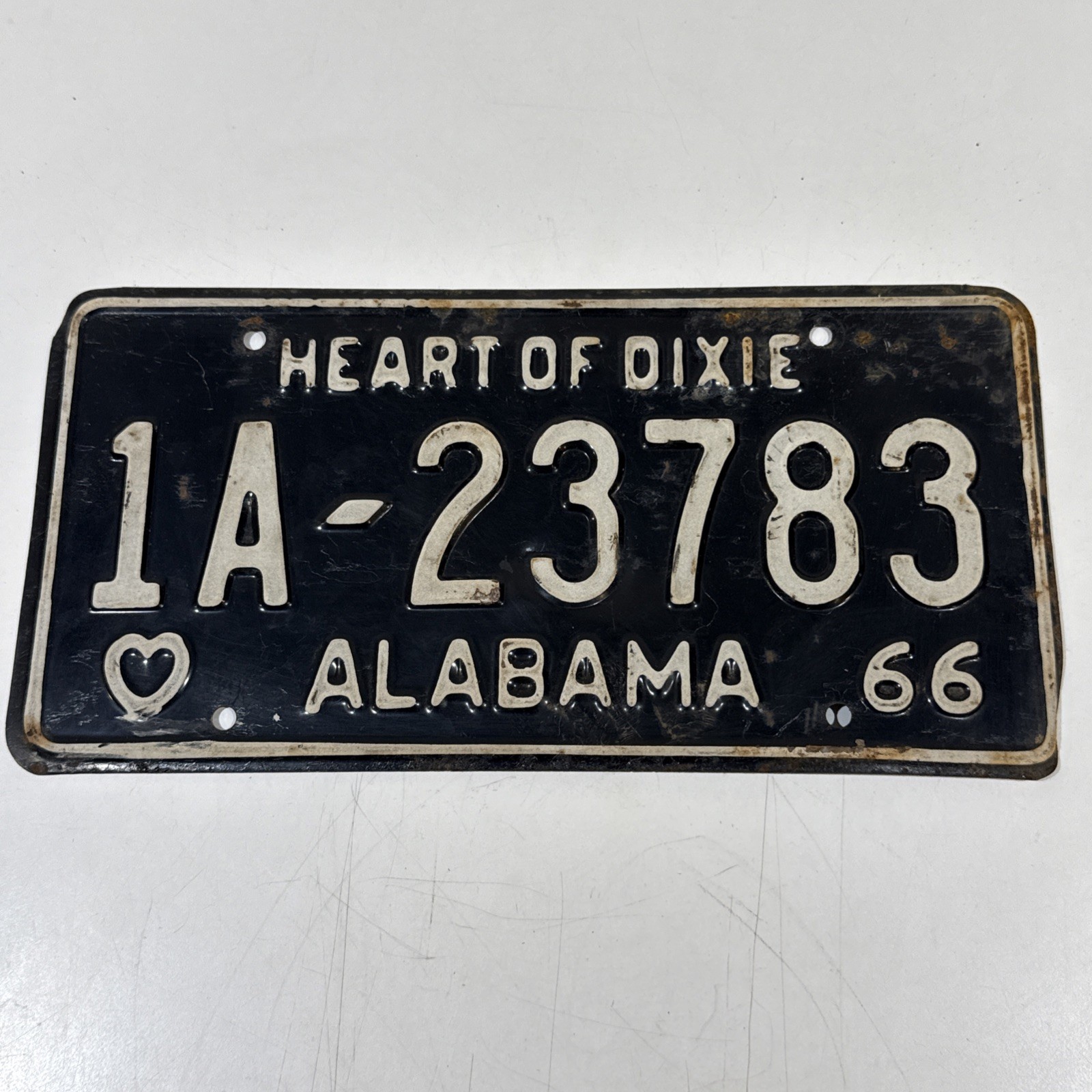 Vintage 1966 Alabama Heart of Dixie License Plate Tag Black & White Original