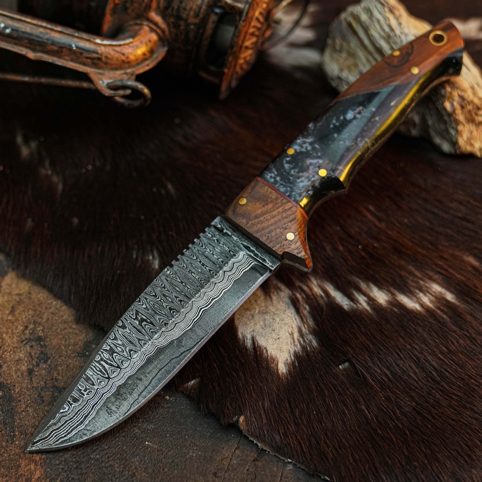 8.8 Clip Point Knife Damascus Steel Hunting EDC Full Tang Blade Hybrid Handle