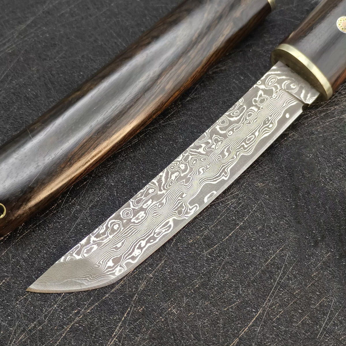 Damascus Outdoor Knife Ebony Handle Sharp Blade for Camping Hiking