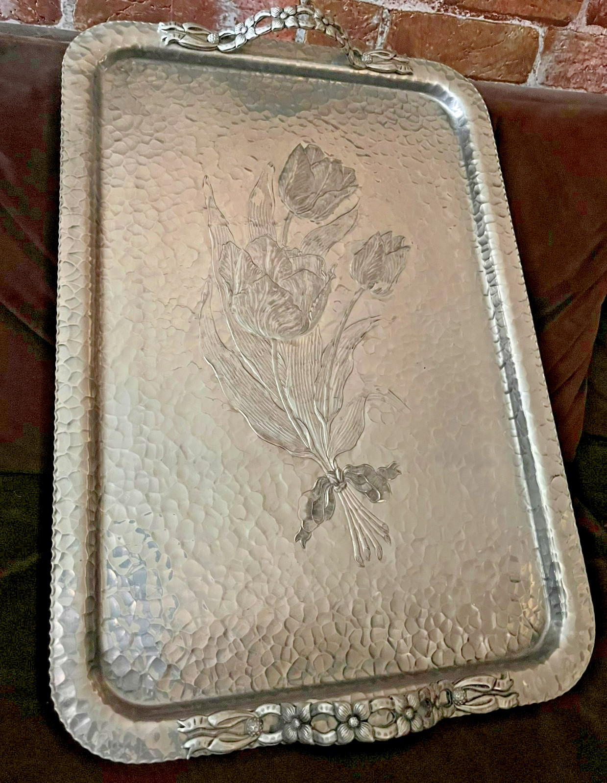 Vintage Rodney Kent 423 Hand Wrought Aluminum Tray Tulip Dogwood Handles 20 x 14