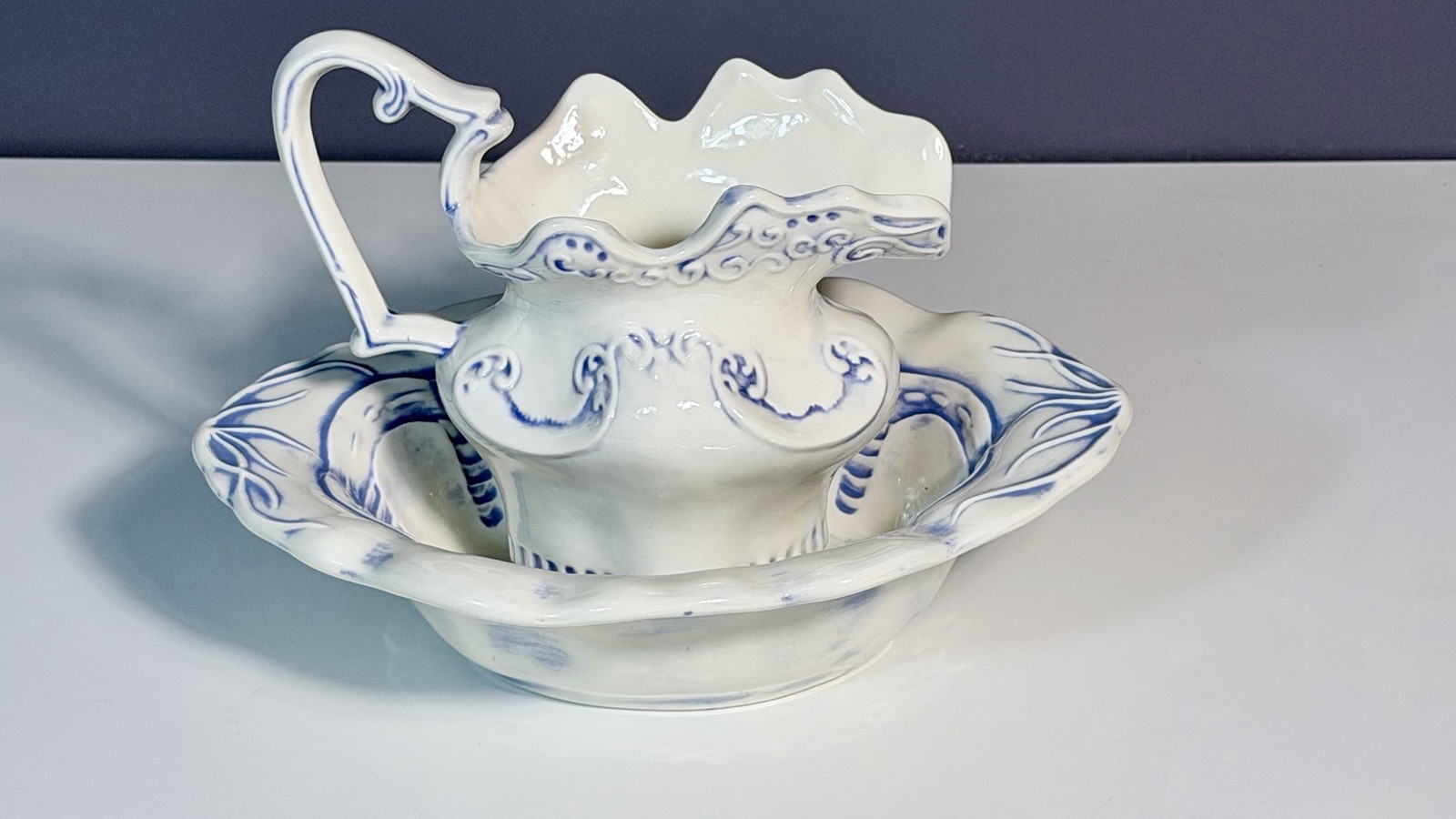 Vintage Arnels Blue White Pitcher & Basin Bowl Set Mid Century Farmhouse