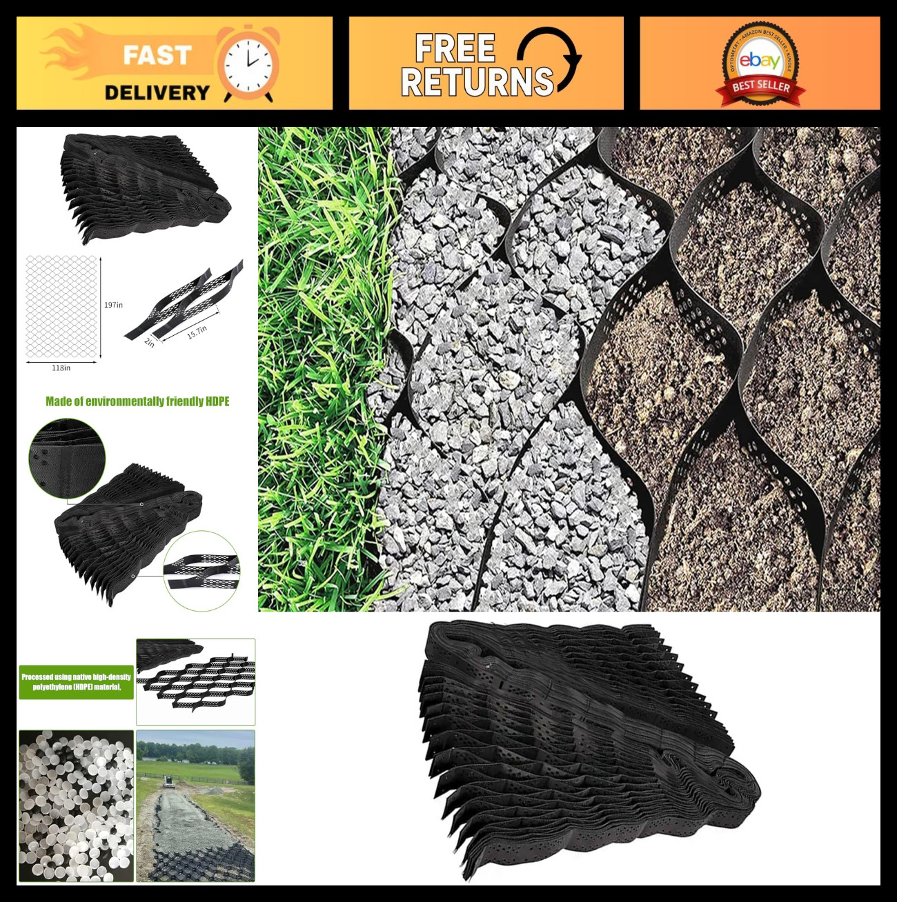9×17 ft Geogrid Gravel Grid, 2 Inch Thick Geocell Ground Grid, 155 sq ft Expansi