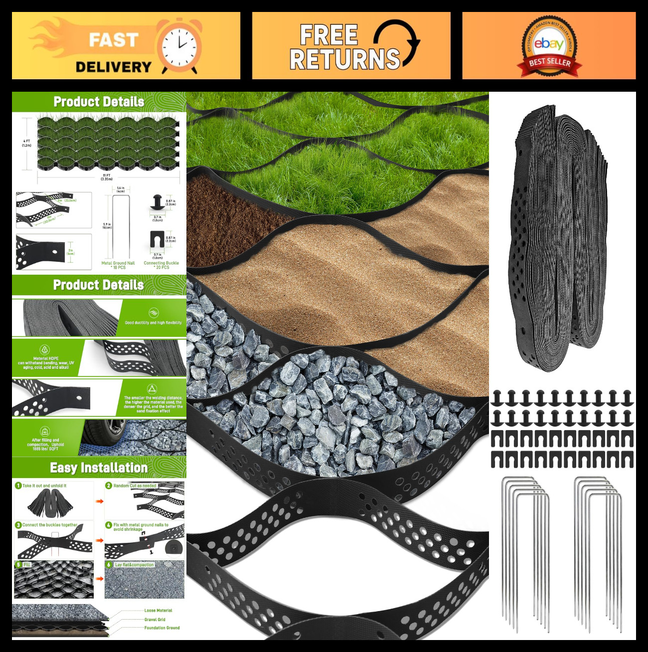 Gravel Grid 4 x 11FT-2″ Depth HDPE Geo Grid 1885 lbs Per Sq Ft Load with U-Shape