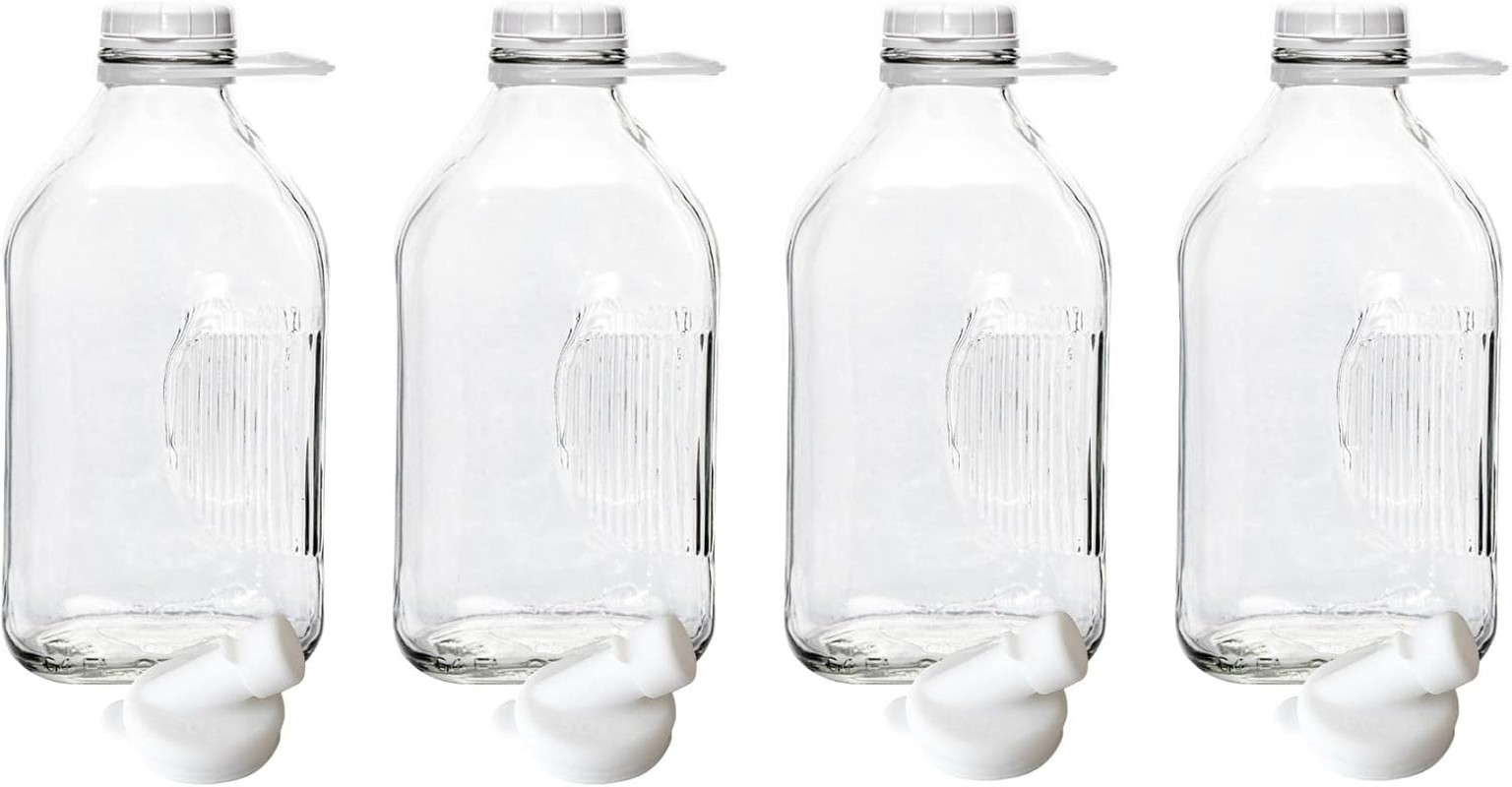 Heavy Glass Milk Bottles – Jugs with Lids, Silicone Pour Spouts – Clear Milk Con