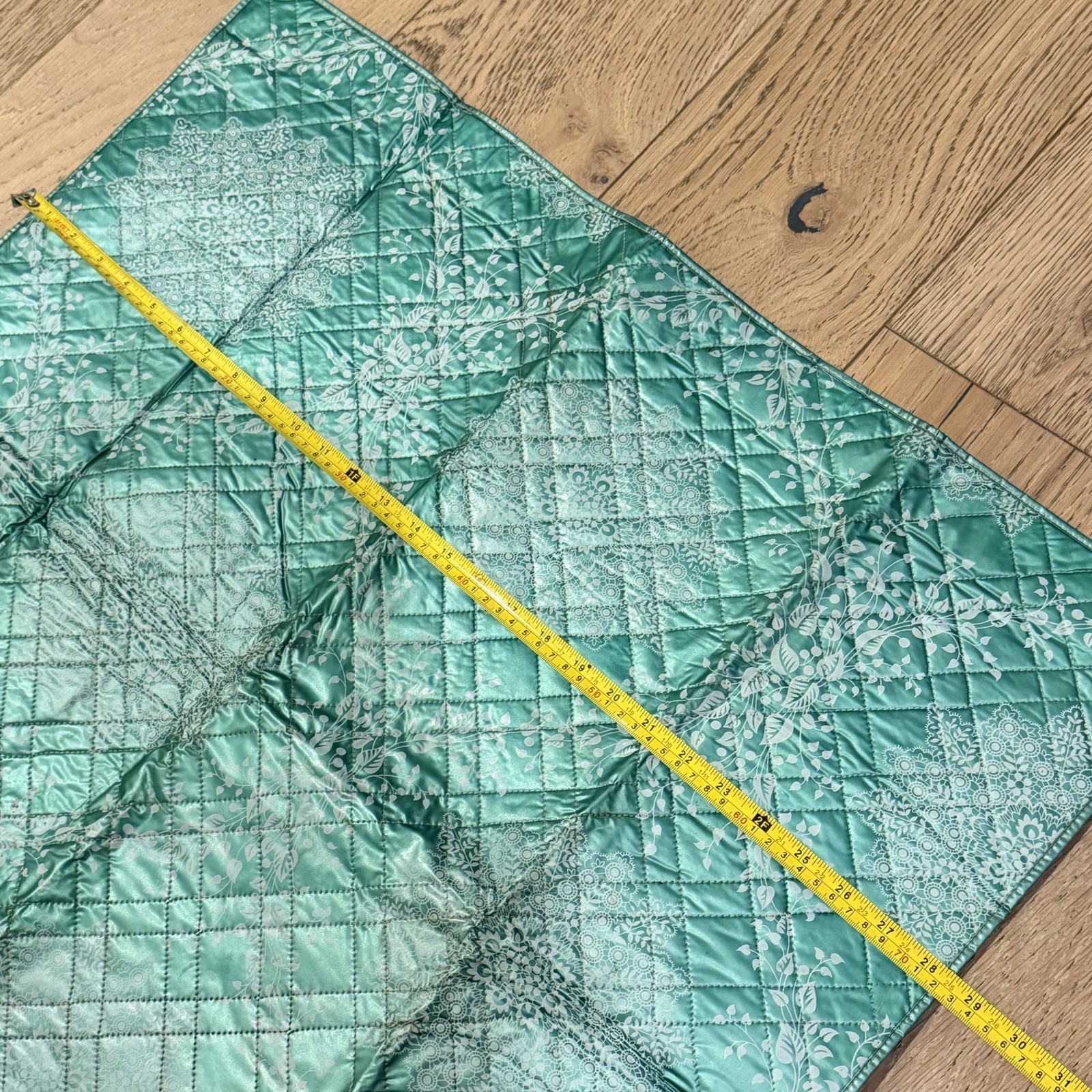 Vintage Quilted Card Table Cover 28.5” Square Teal Floral Metallic Silver MCM