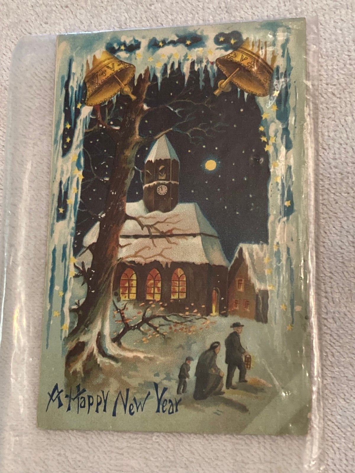 C. 1910 Happy New Year German Postcard Winter Landscape Church Bells Moon Light