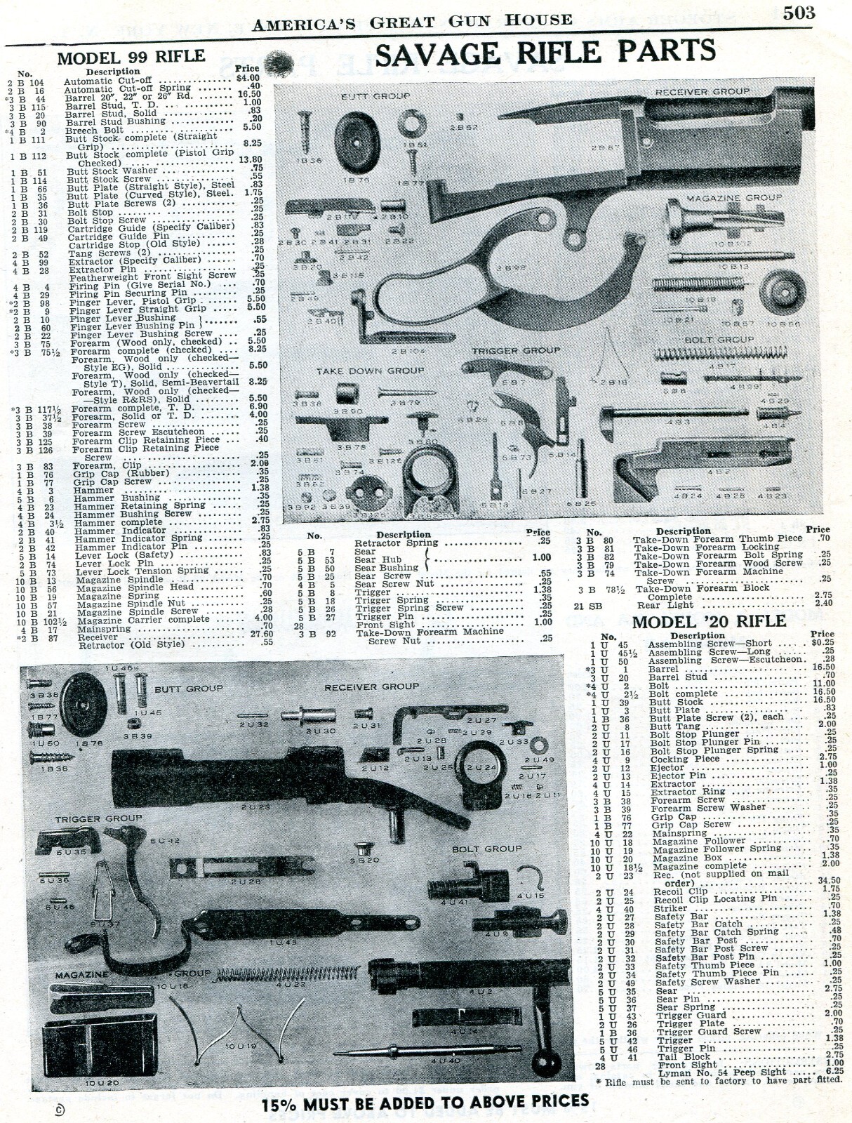1949 Print Ad of Savage Model 99 & 1920 Rifle Parts List