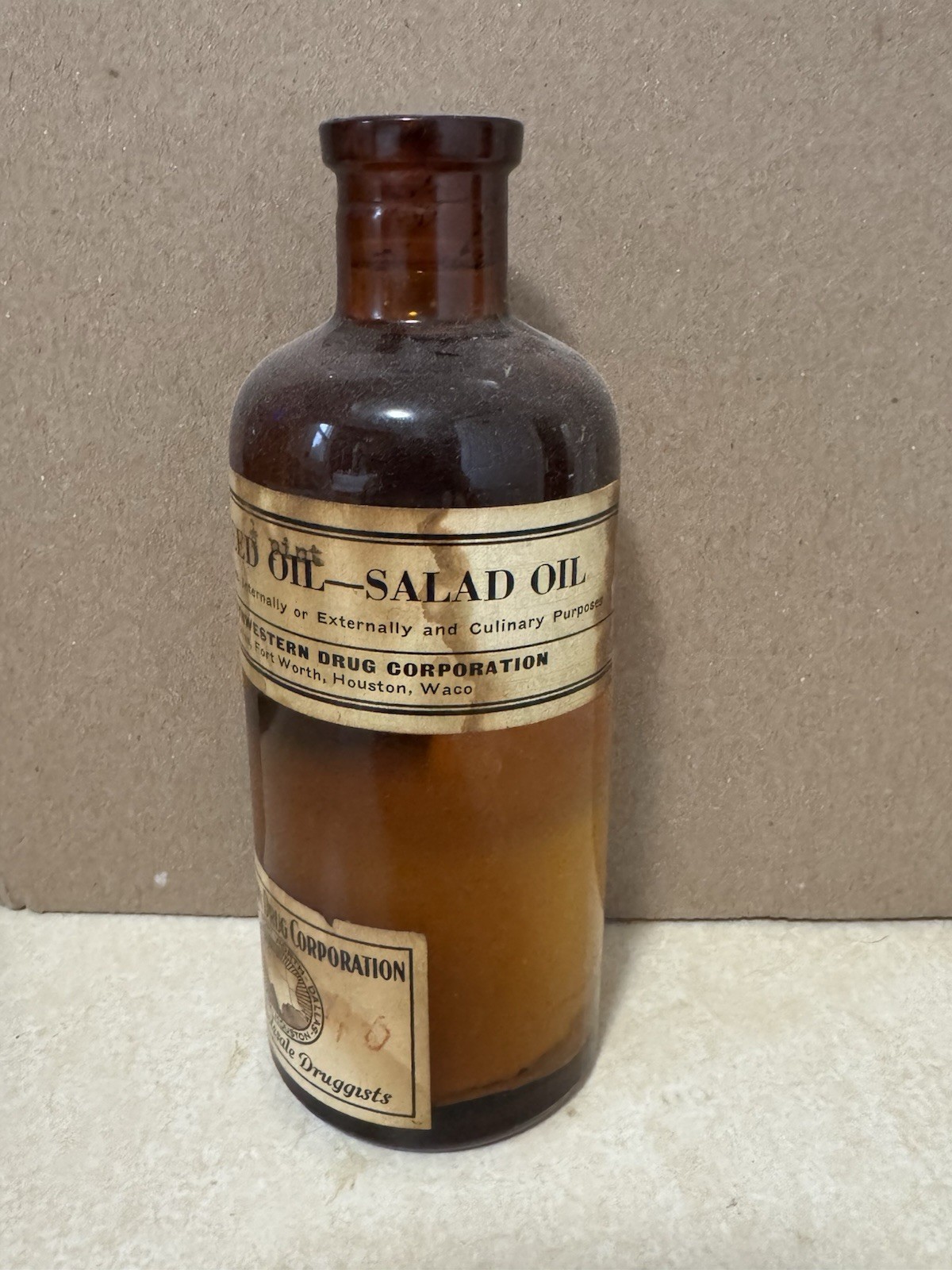Antique 1930s FULL Cotton Seed Oil Bottle Southwestern Drug Corp Texas Waco